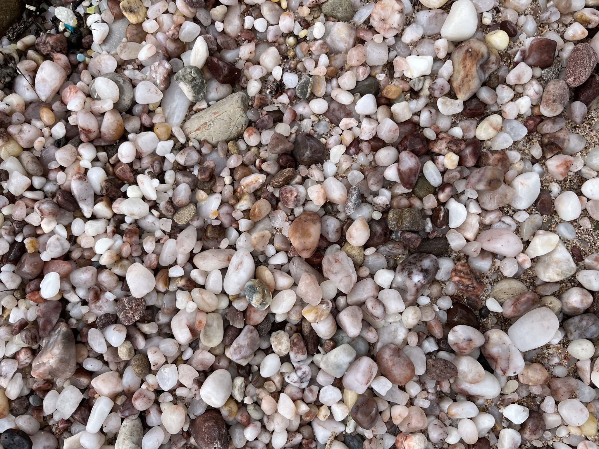 Millionen von kleinen Quarzkieselsteinen in allen Farben und Formen liegen im Sand.