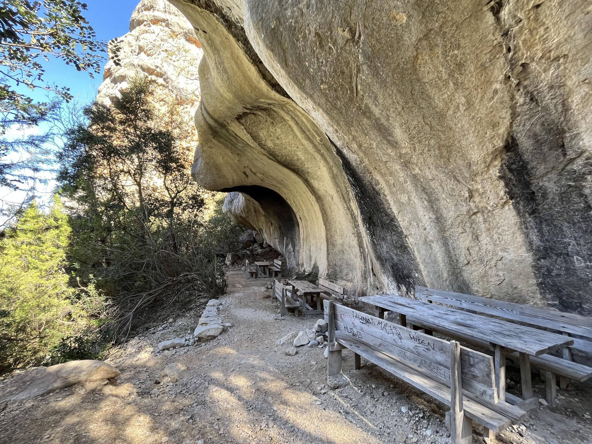 … über eine hölzerne, „selbstgebastelte“ Treppe wieder zurück auf den Wanderweg, wo es einen Picknickplatz gibt, wo wir essen können.