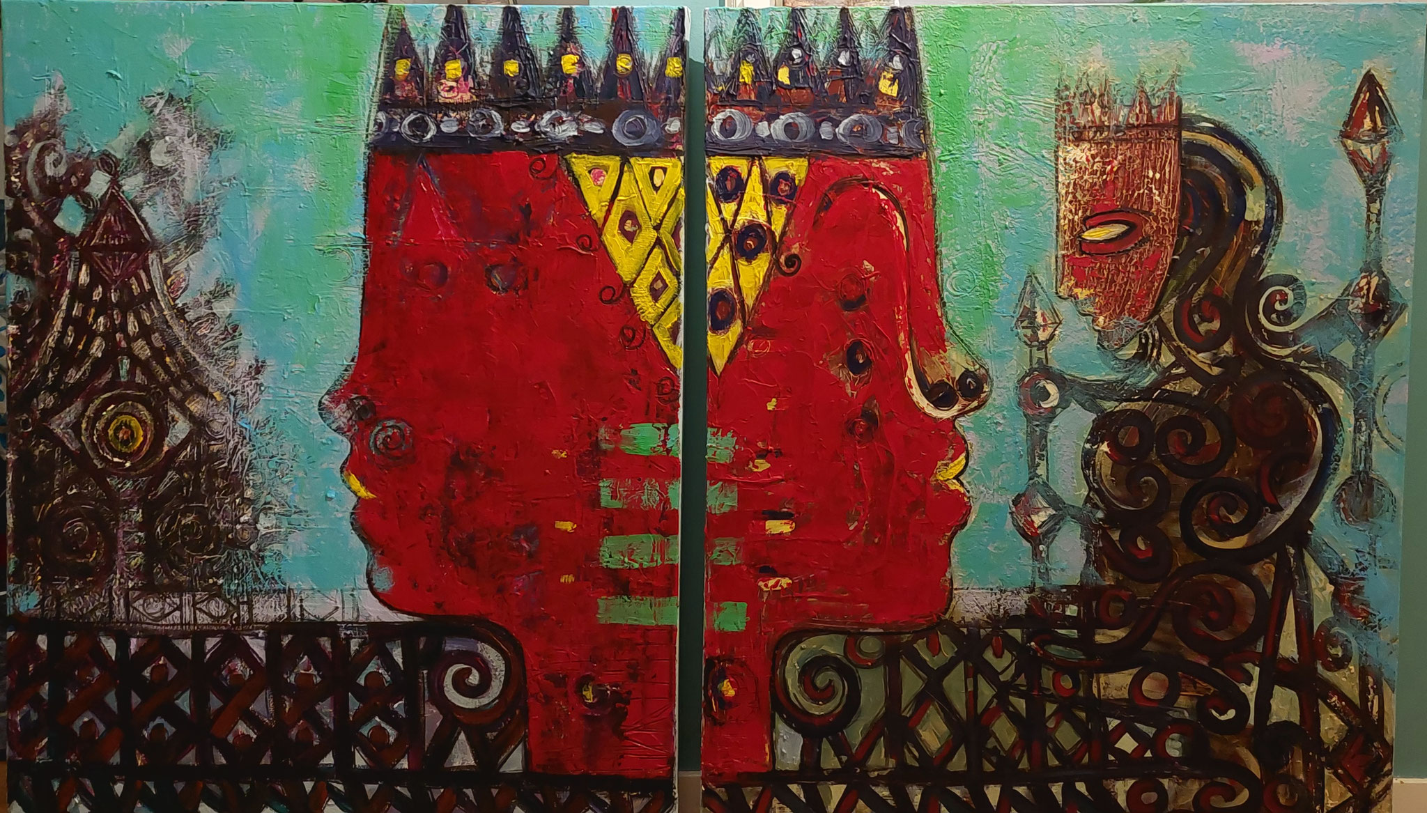 Titel: (Från serien L’autre côté/Den andra sidan, 2010) Desde tu asiento yo te controlo/Från din sits kontrollera jag dig. Mått: diptyk, 200*80 cm. Teknik: Blandteknik