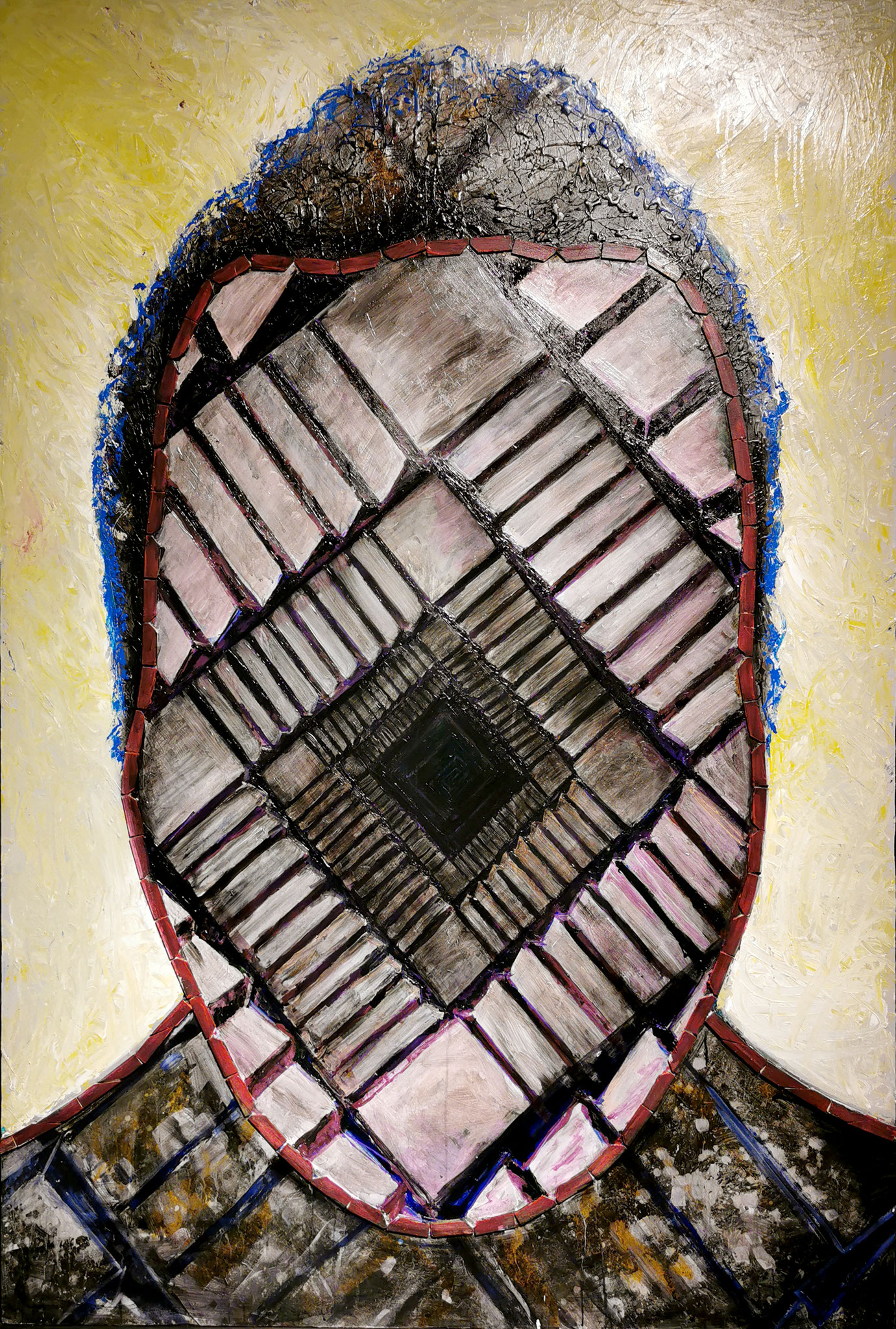 Titel: LA REALIDAD ES MAS PROFUNDA DE LO QUE SE PUEDE VER / Verkligheten är djupare än vad vi kan se Teknik: Blandade tekniker på kartong Mått: 180 x 122 cm 