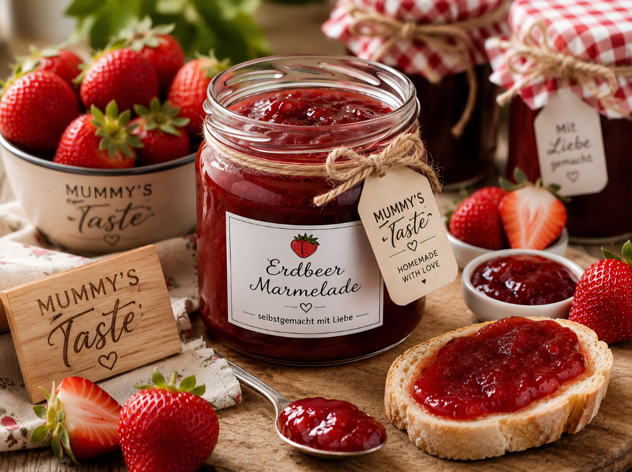 Selbstgemachte Erdbeermarmelade in Marmeladengläsern mit frischen erdbeeren und Zitrone auf einem liebevoll dekorierten Küchentisch