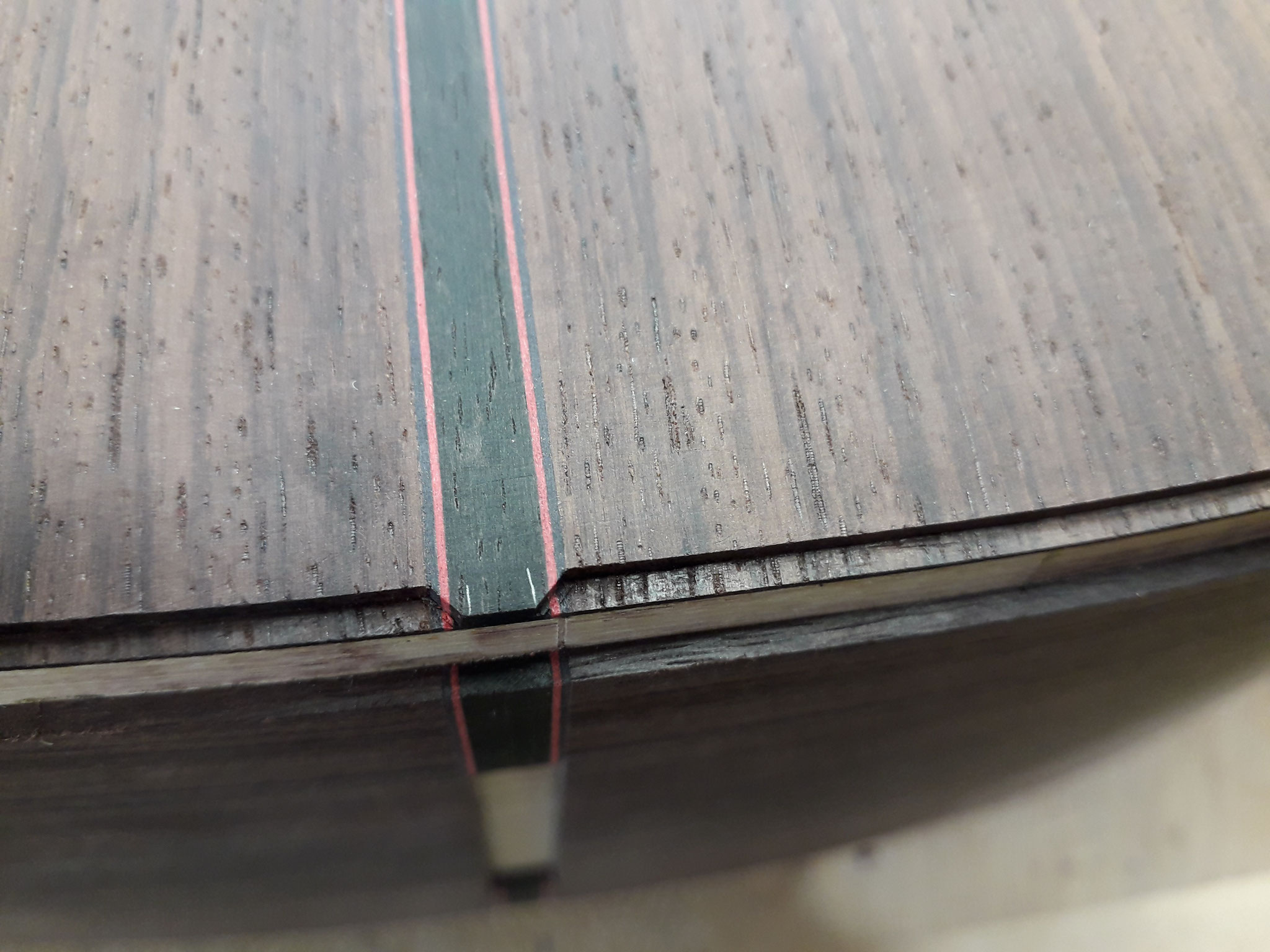 Detail of the preparation before fitting and gluing the back bindings of a guitar