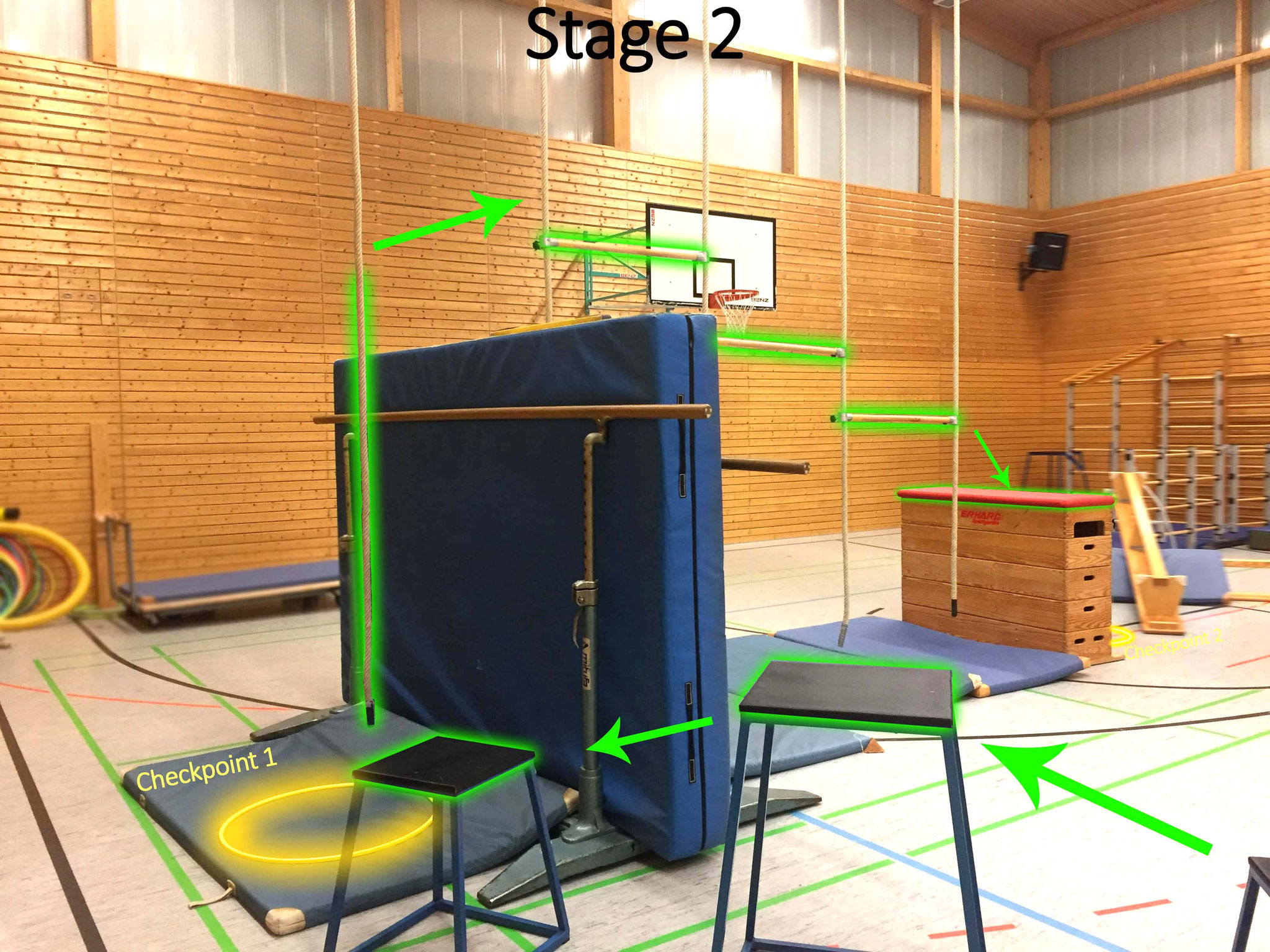 Von hier geht es über drei Podeste zum ersten Checkpoint. Für Stage 2 kletterst du an dem Seil die Mattenwand hinauf und die Seile entlang zum roten Kasten, hinter dem bereits Checkpoint 2 wartet.