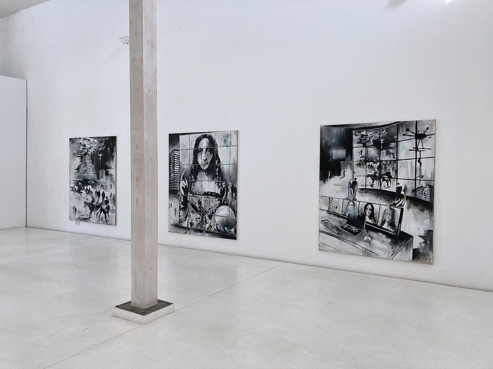 SZENEN ZU LEONARDOS SALVATOR MUNDI 2022/25, triptych I, each 180 × 150 cm, oil, acrylic, spray on canvas