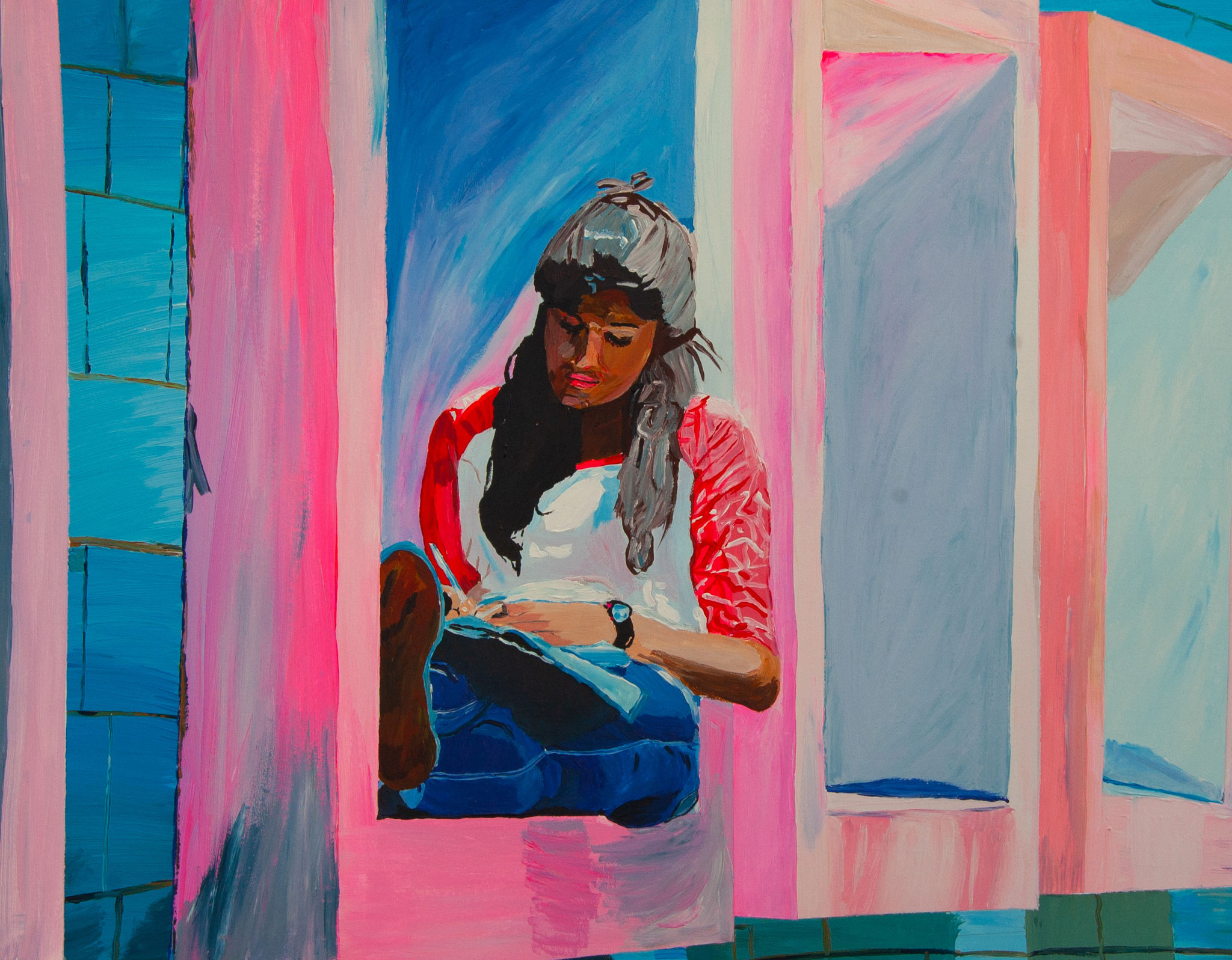 girl on window sill, Acryl on paper, 70*50cm, 2020