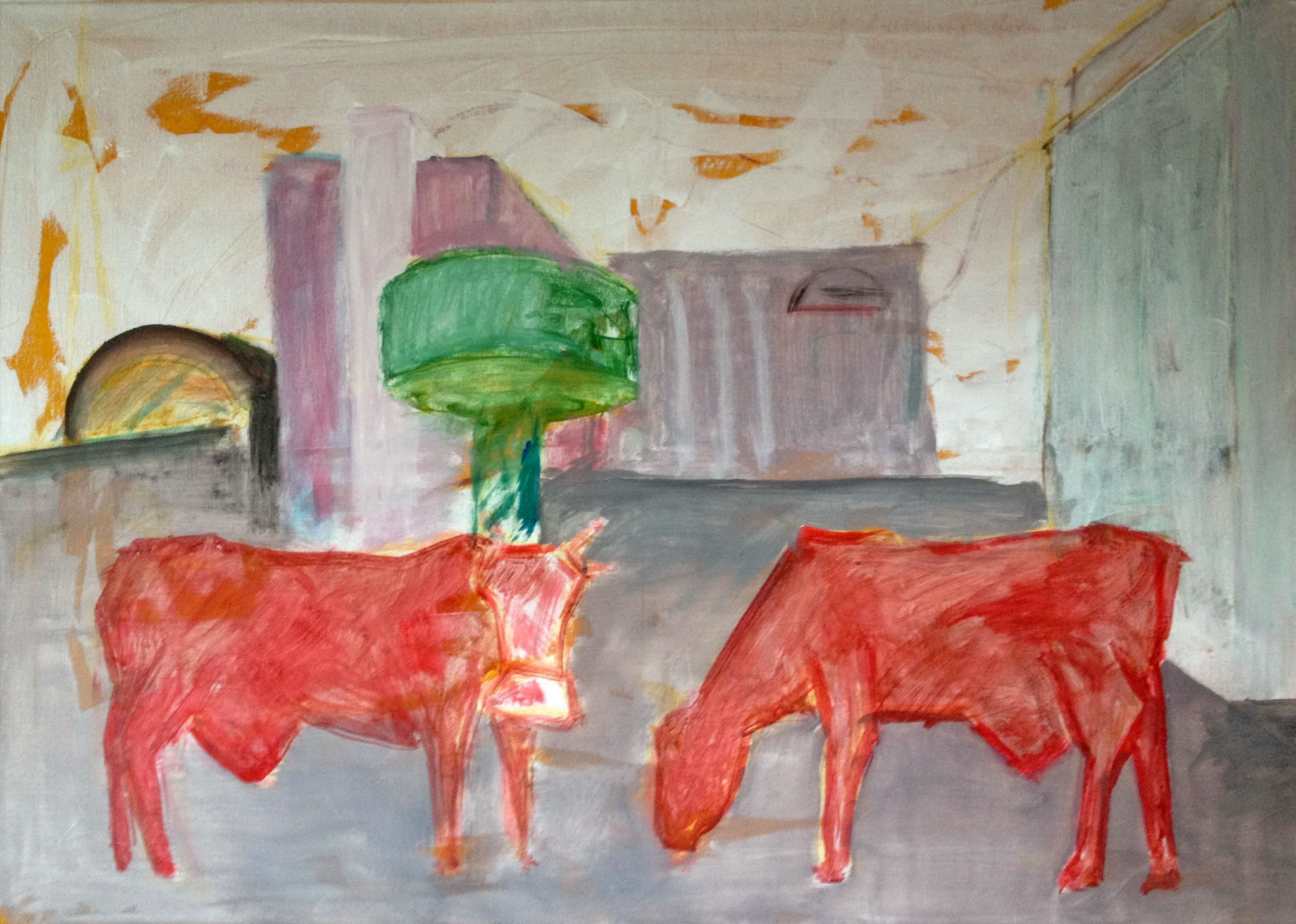 zwei kühe auf dem alex;  -  Acryl auf Leinwand, 50x70 cm