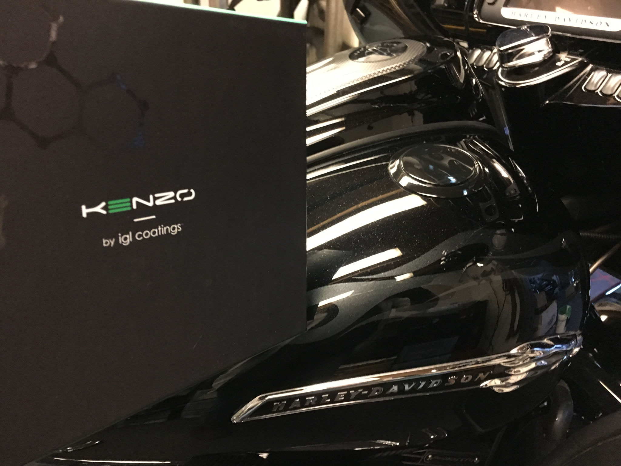 Kenzo op een Harley Davidson.