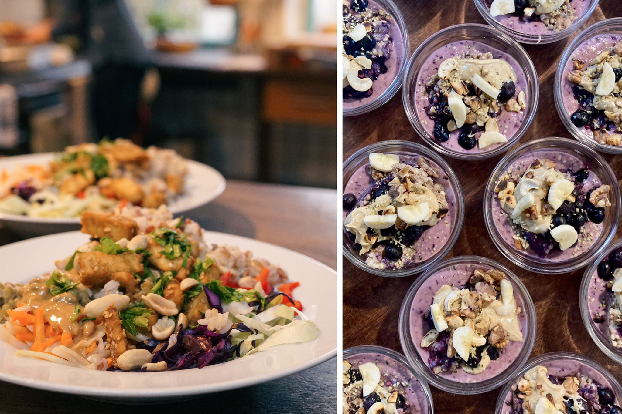 Vollwertig pflanzliche Bowl und Blaubeer-Porridge beim Seminar zur bewussten Ernährung und Achtsamkeit in der Grube Louise im Westerwald