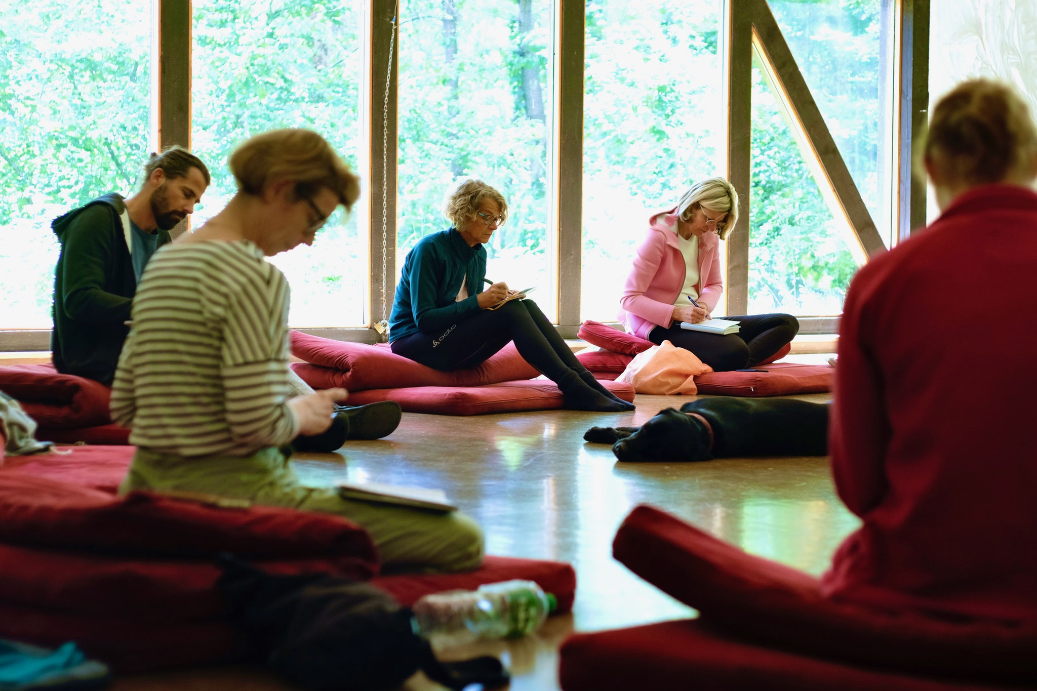 Teilnehmende auf Meditationskissen sitzend bei Achtsamkeitsübung im hellen Seminarraum beim Seminar zur bewussten Ernährung und Achtsamkeit in der Grube Louise im Westerwald