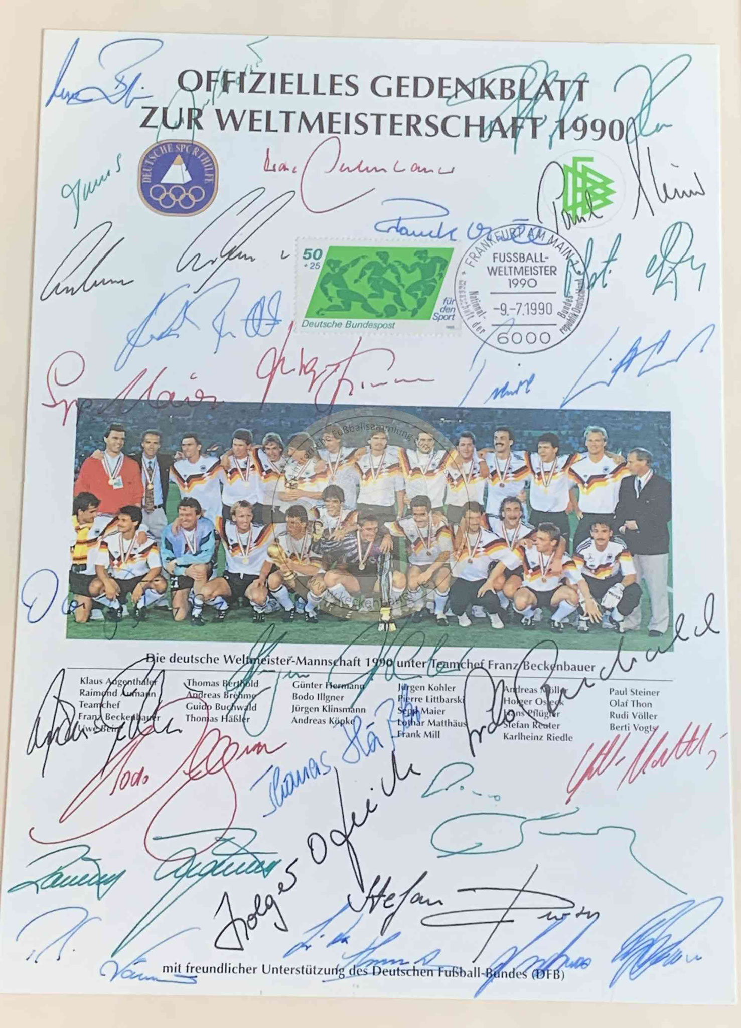 1990 Gedenkblatt zur WM vom DOSB mit gedruckten Autogrammen