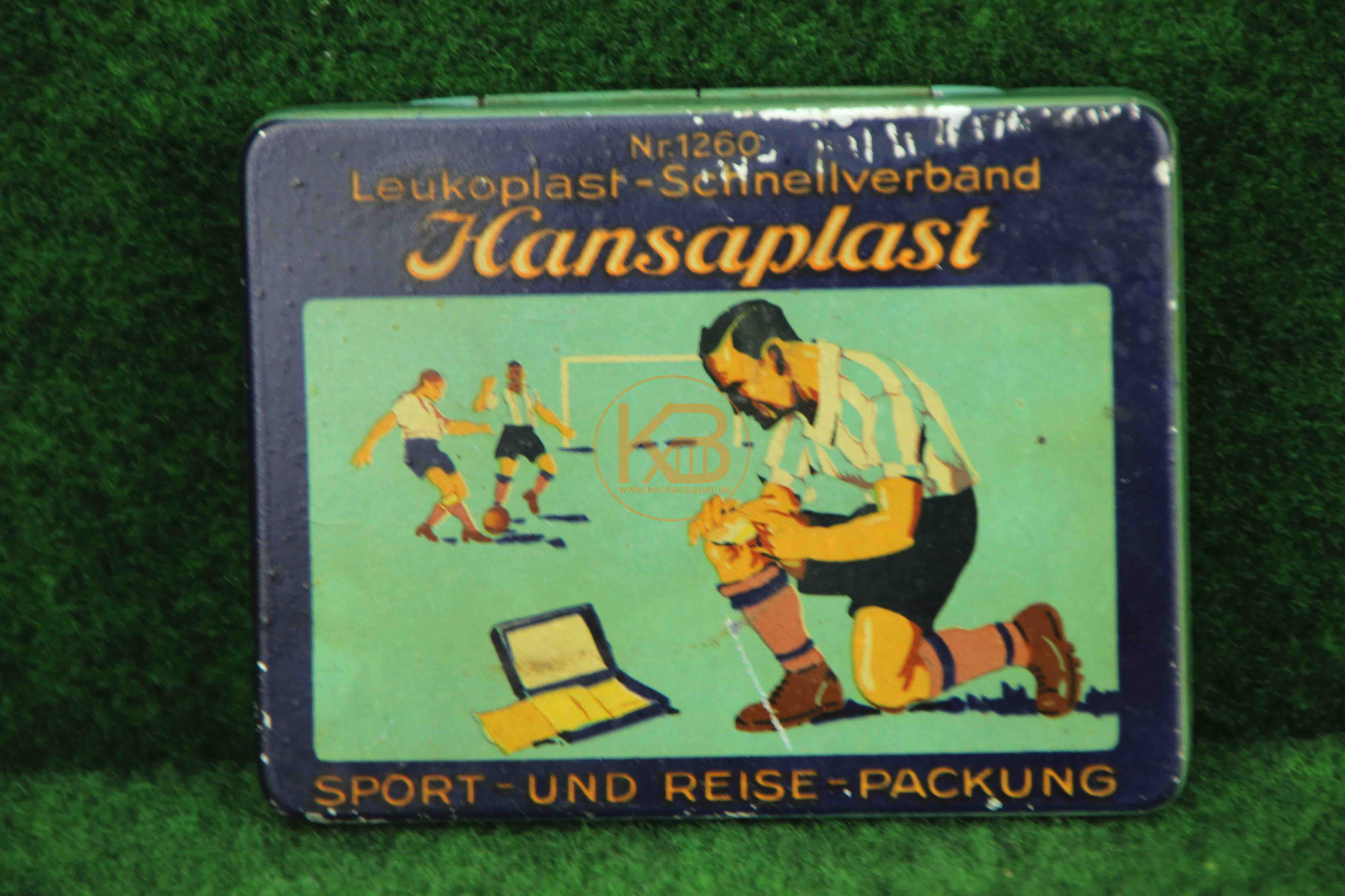 alte Hansaplast Blech Dose Fussball Spieler Werbung Reklame Nr. 1260 vermutlich aus den 1950er Jahren