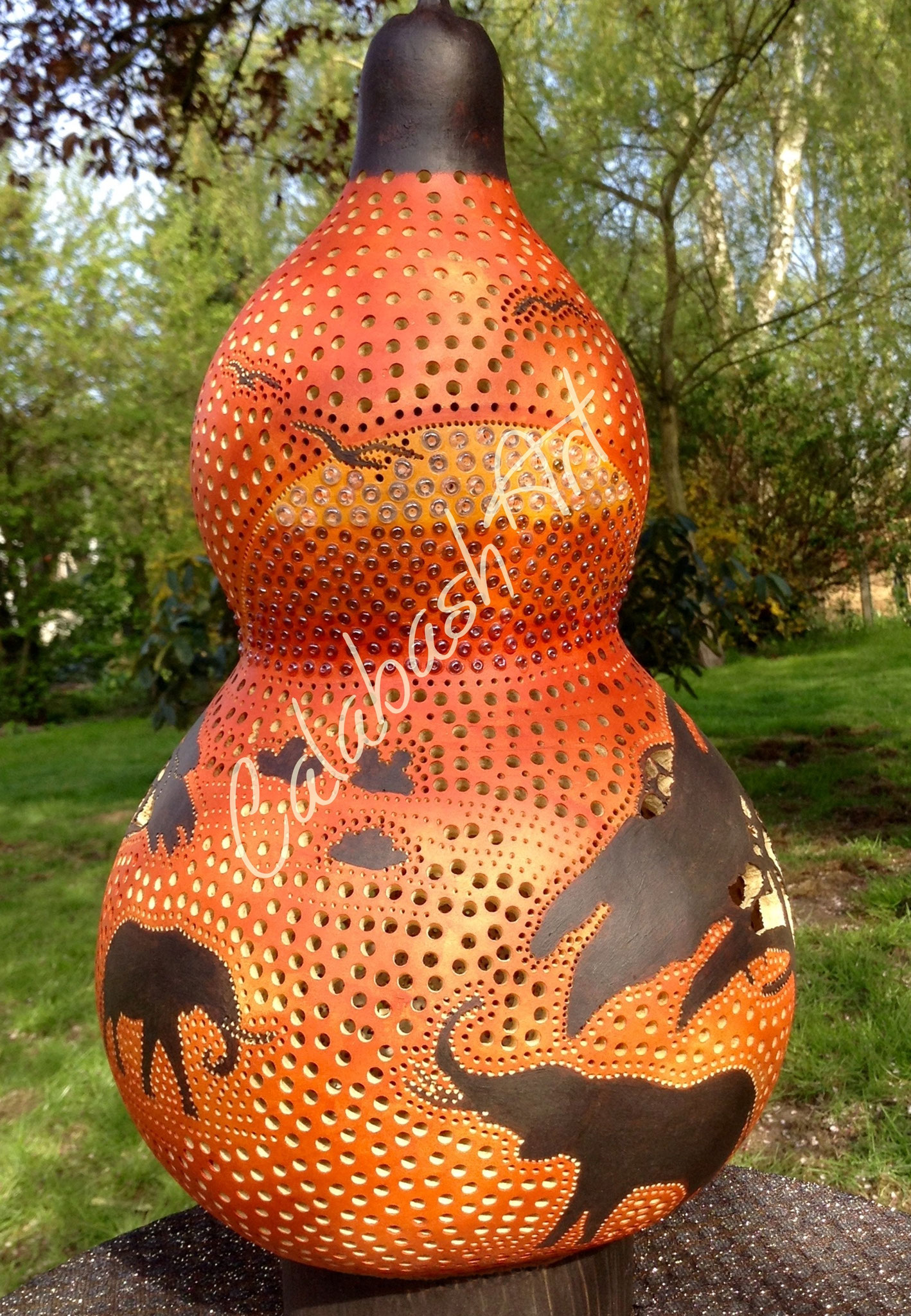 Tischlampe, Kalebasse "Time for Africa" mit Keramikfuß 3, CalabashArt