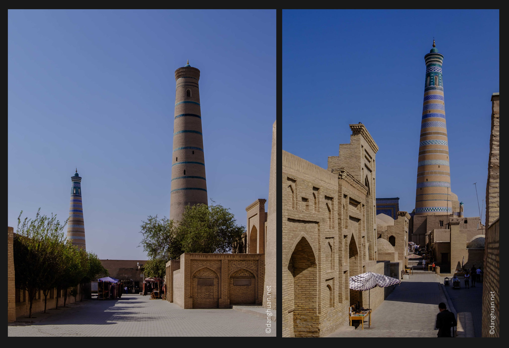 Le minaret de la mosquée Djuma (à gauche) et celui de l'ensemble commémoratif Islam-Khodja (à droite)