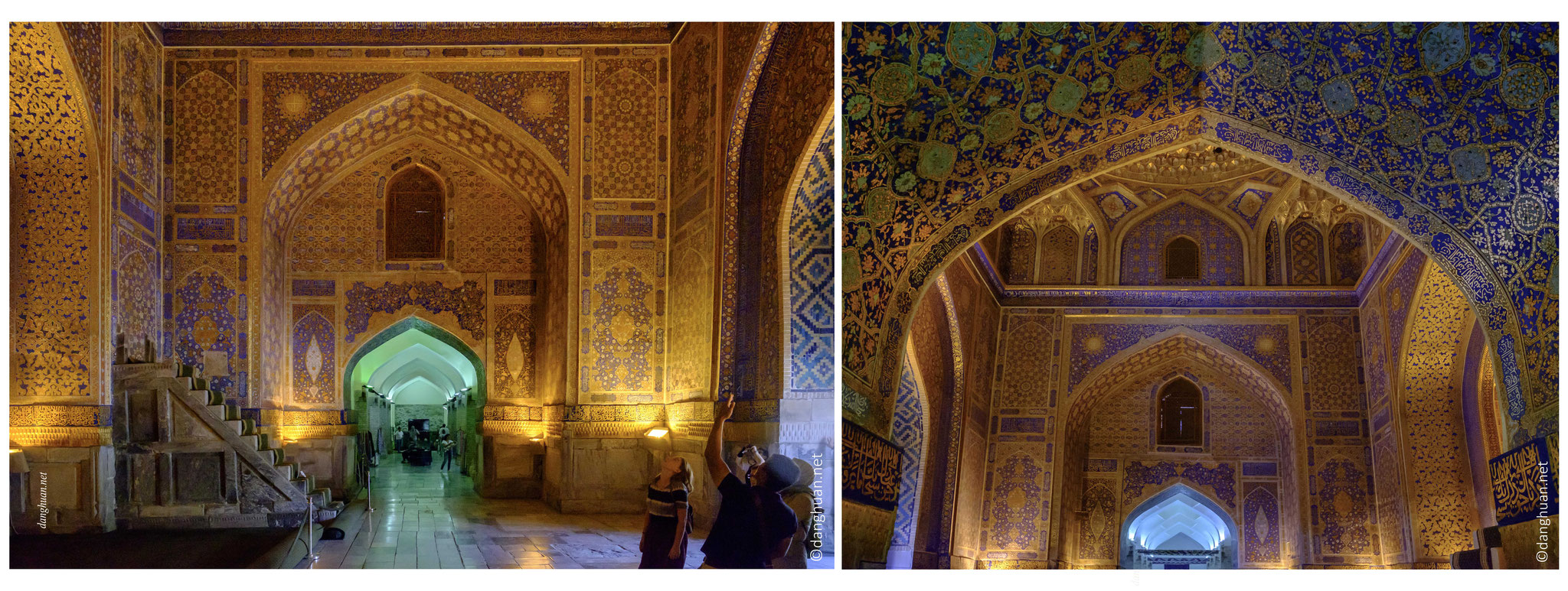 L'intérieur de la médersa Tilla Kori resplendit de motifs de kundal en feuilles d'or, d'inscriptions coraniques, de stalactites descendant sur le mihrab en marbre, de panneaux muraux imitant des tapis et voûte aux délicats entrelacs 