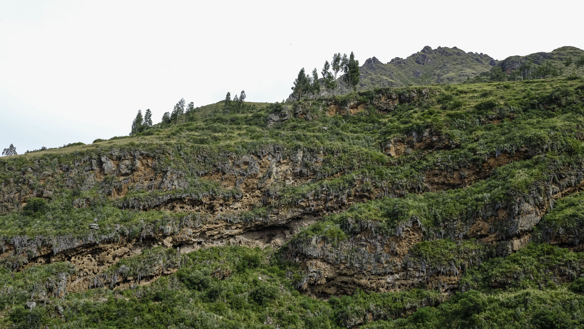 Les falaises sont percées d'excavations. Ces dernières étaient des tombes de villageois incas ...