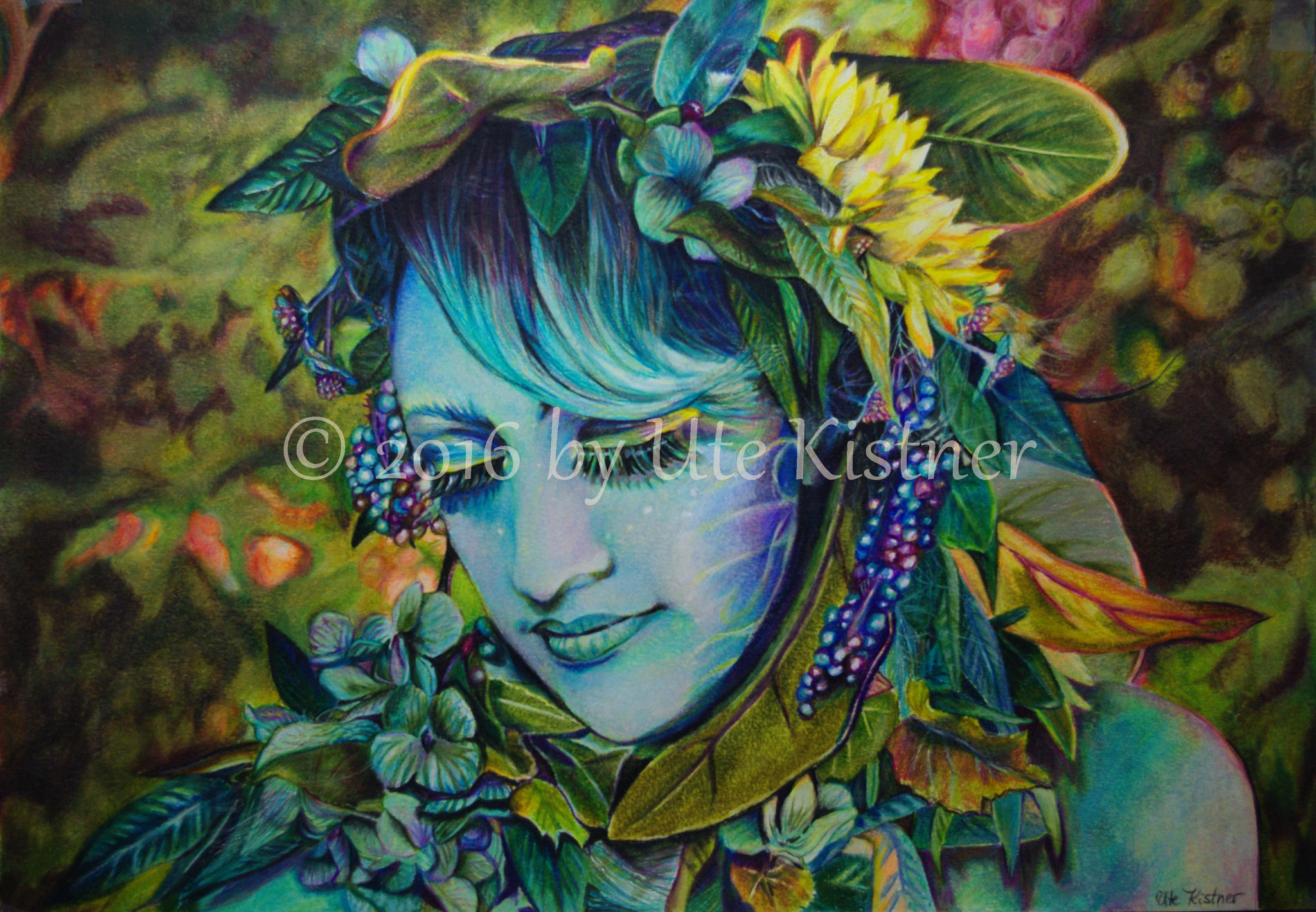 Waldnymphe, colored pencil, DIN A3, free reference photo from Sally Robertson
