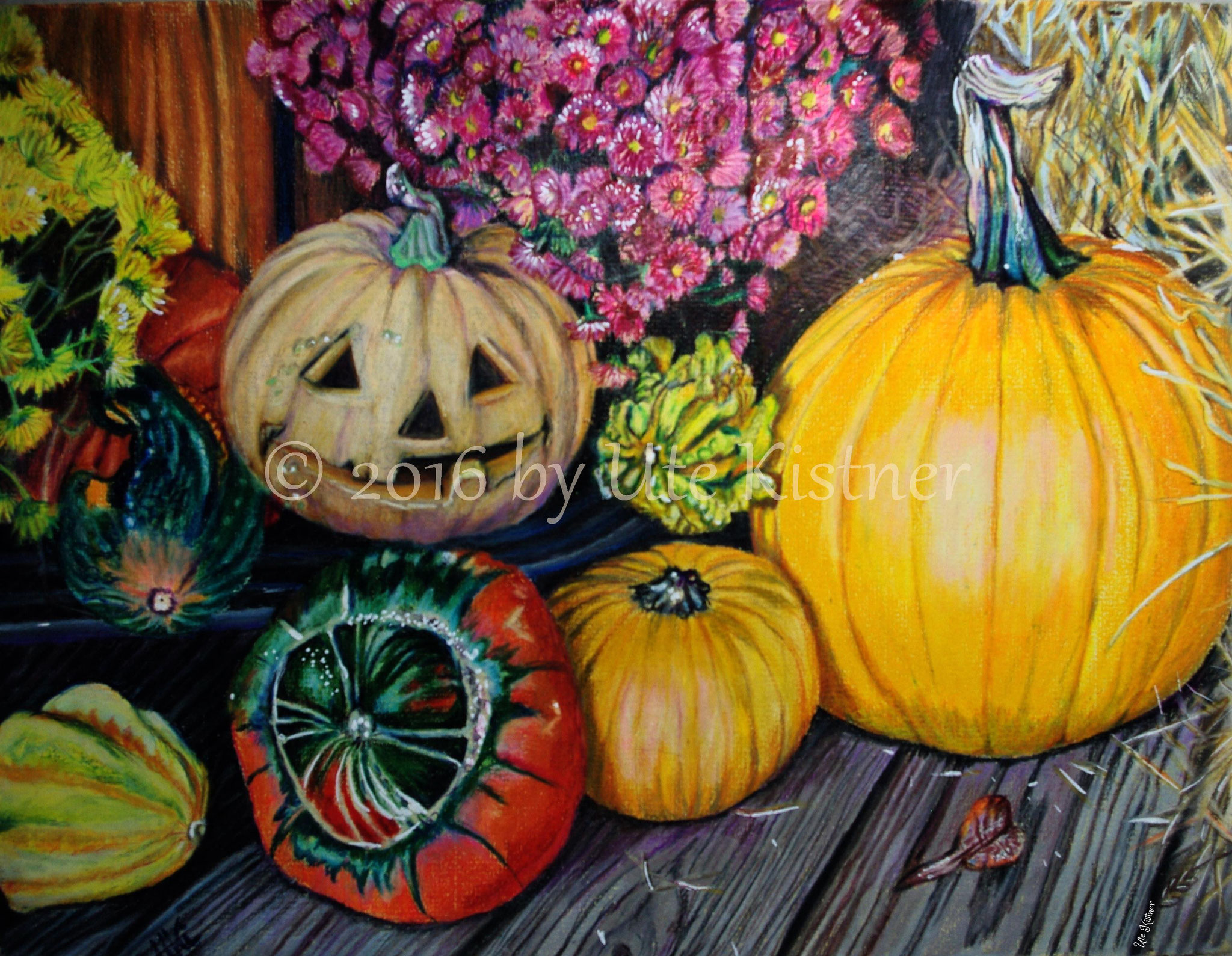 Haloween Pumpkin Party, colored pencil, ca. 25 X 35 cm, free reference photo from Sally Robertson und einer Vorlage von Marcello Barenghi