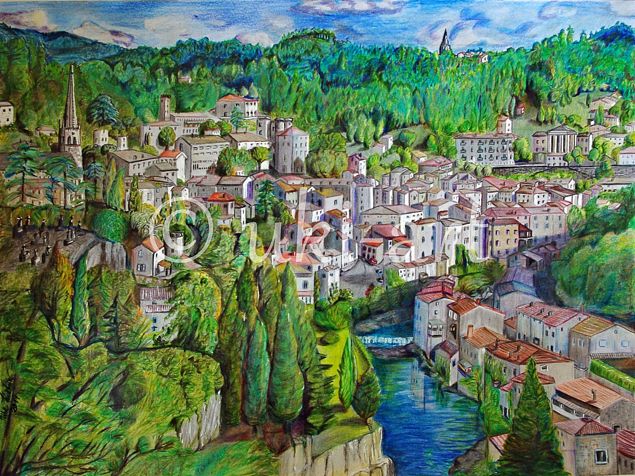 Largentière in Frankreich, colored pencil, DIN A3, reference photo by my own