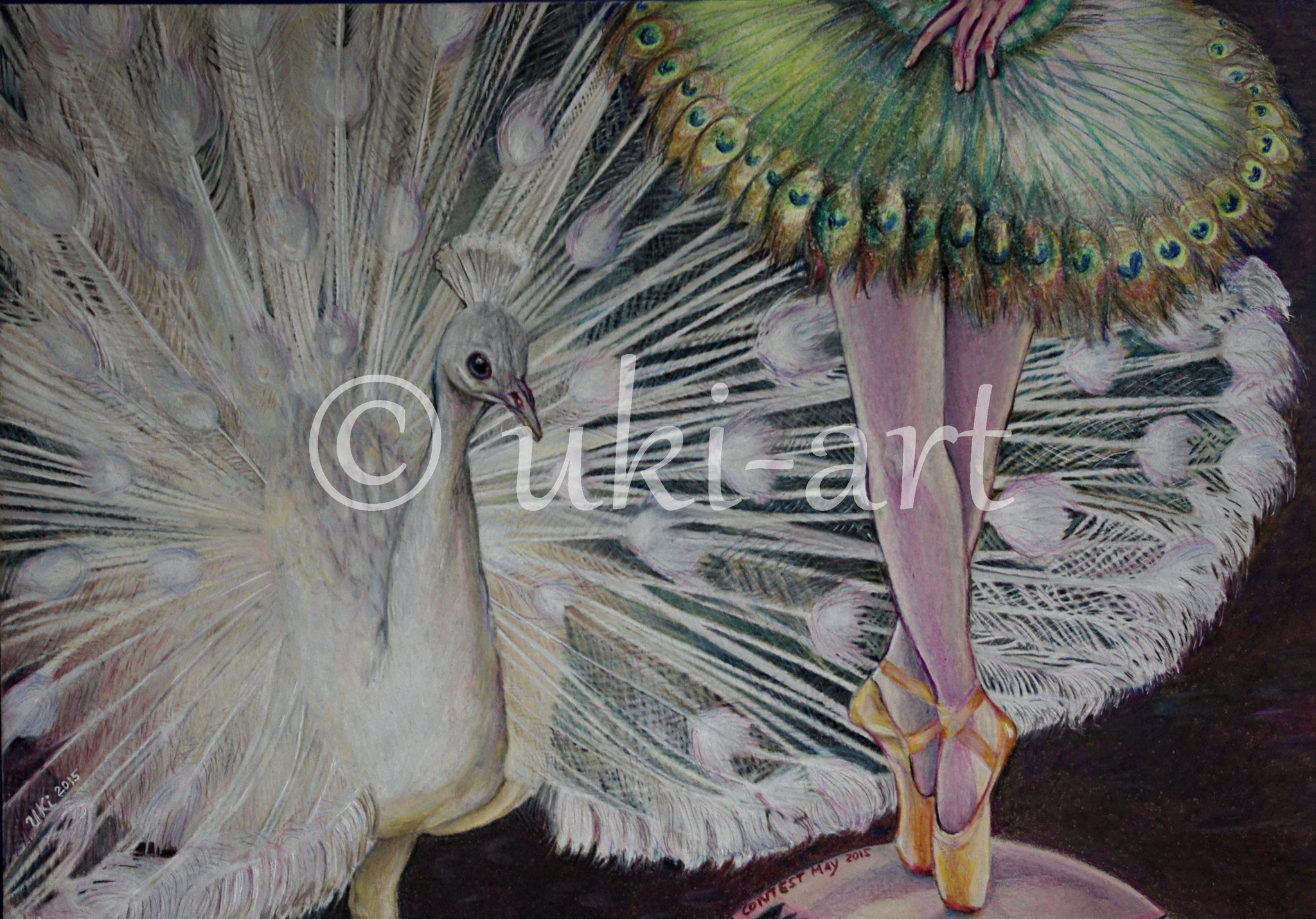 Pfau mit Ballerina, colored pencil, DIN A3