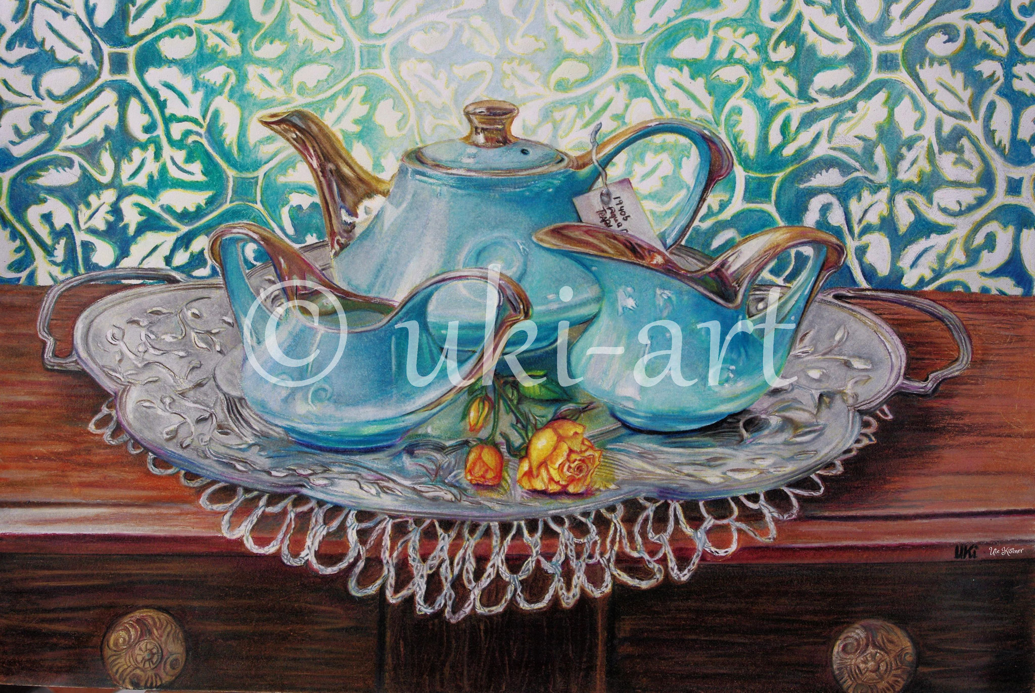Teeservice, colored pencil, DIN A3, free reference photo from Sally Robertson