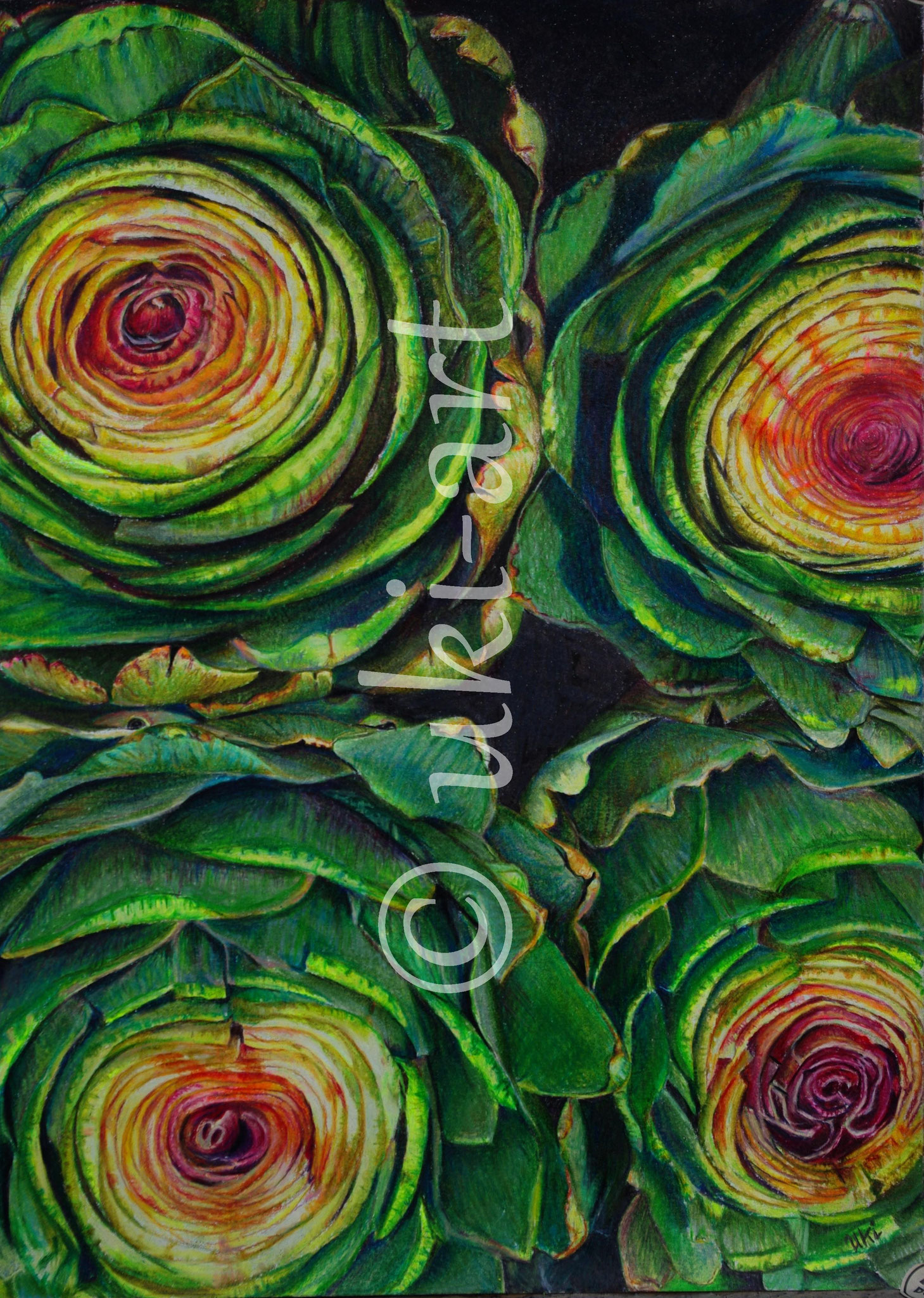 Artischockenquartett, colored pencil, Format: DIN A3; free reference photo from pixabay