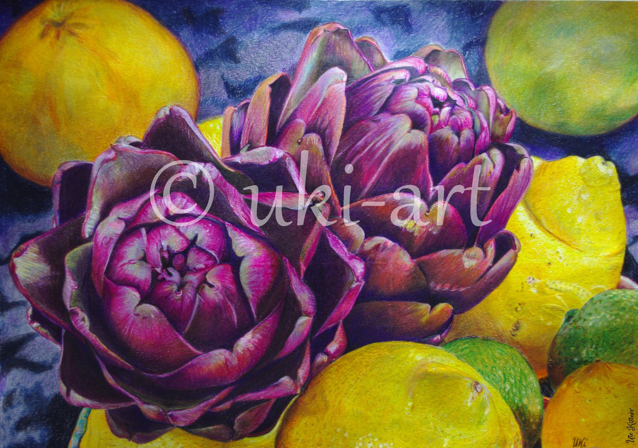 Artischocken mit Zitrus, colored pencil, DIN A3, step-by-step für OZ-Verlag - Lust am Zeichnen Nr. 17/16, Fotoreferenz via OZ Verlag