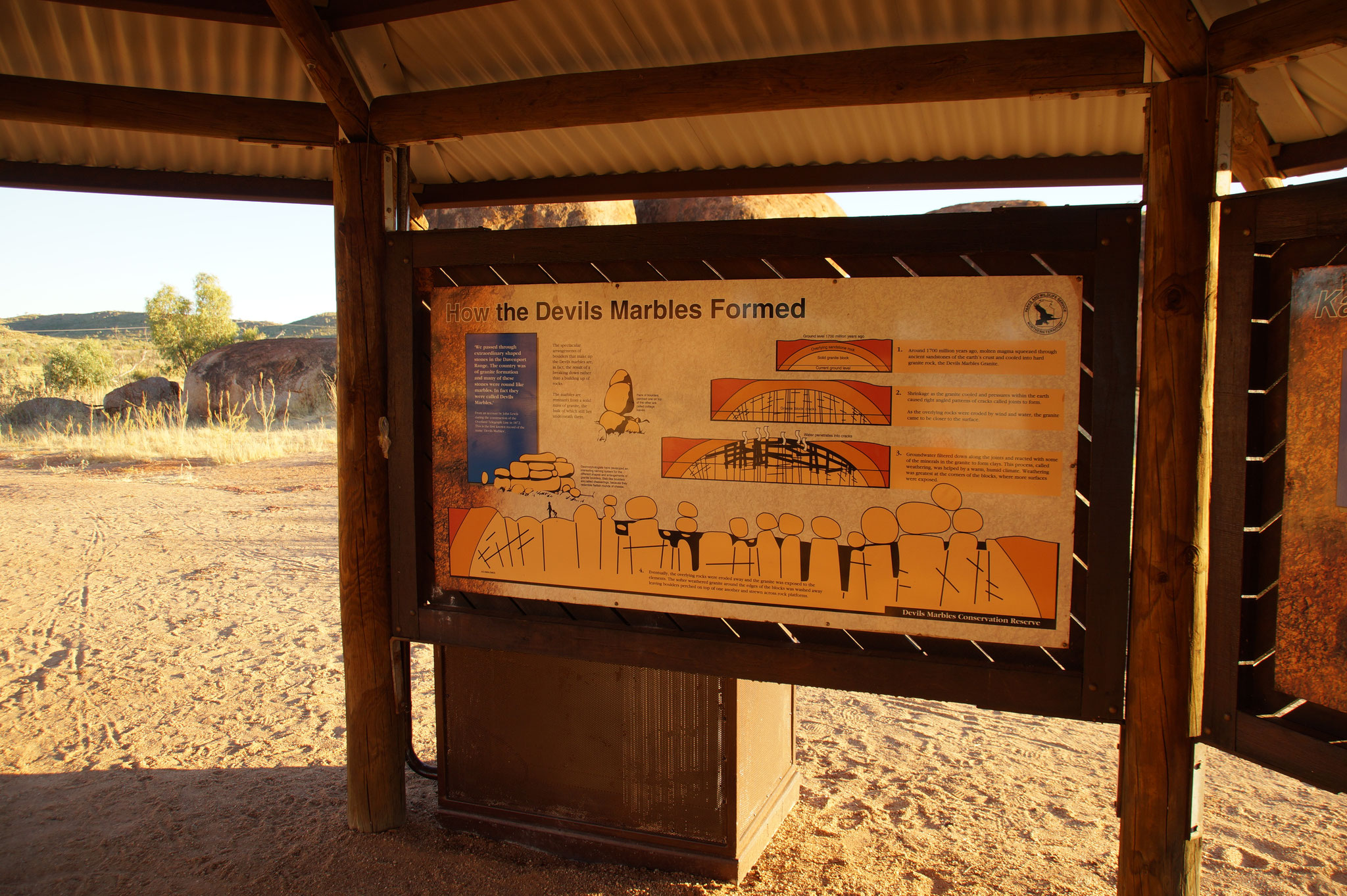 Infotafel zur geologischen Entstehung der Devils Marbles.