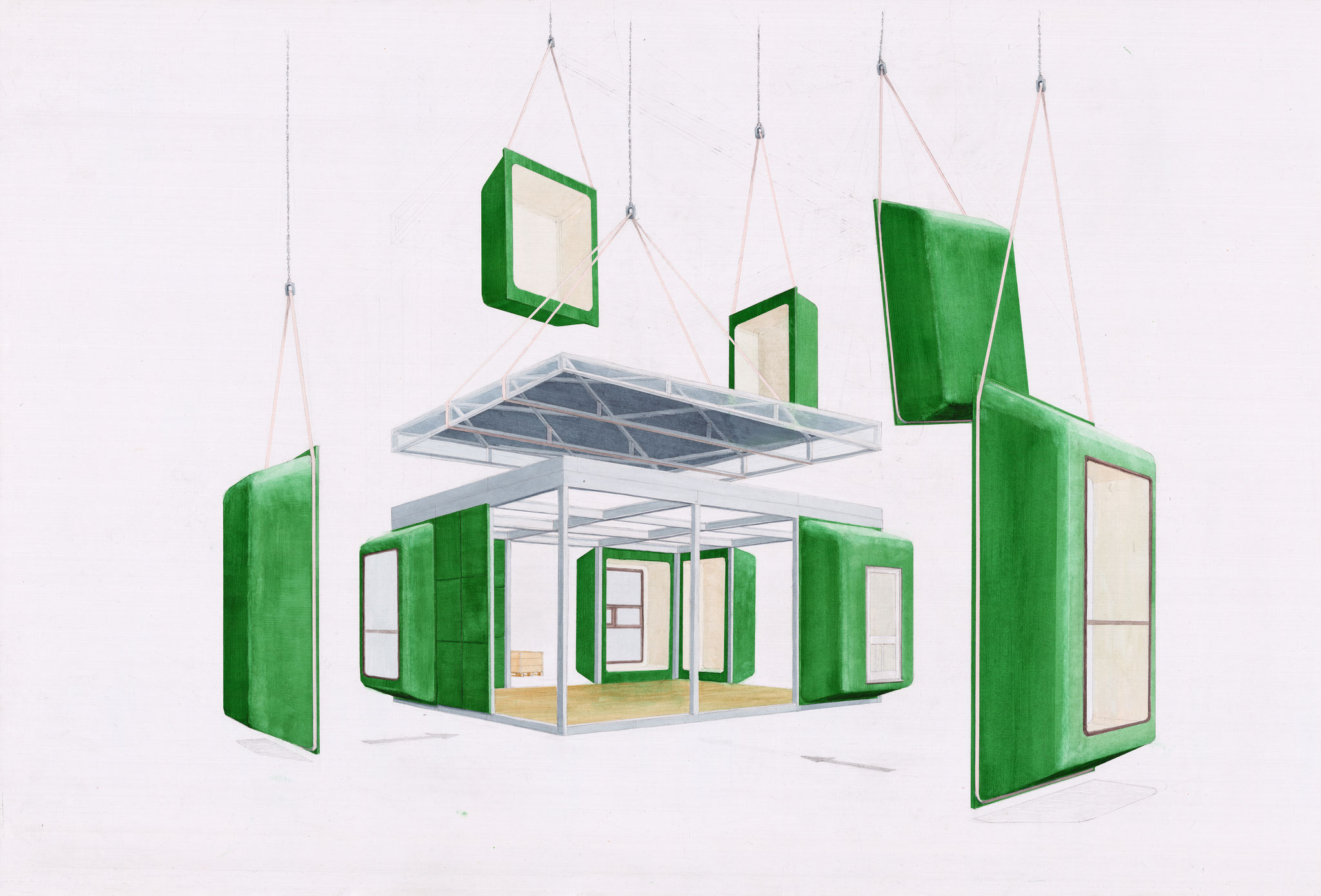 ›Aufbau Pavillon und Hochbeete‹, Aquarell, Eva Hertzsch & Adam Page, 2025