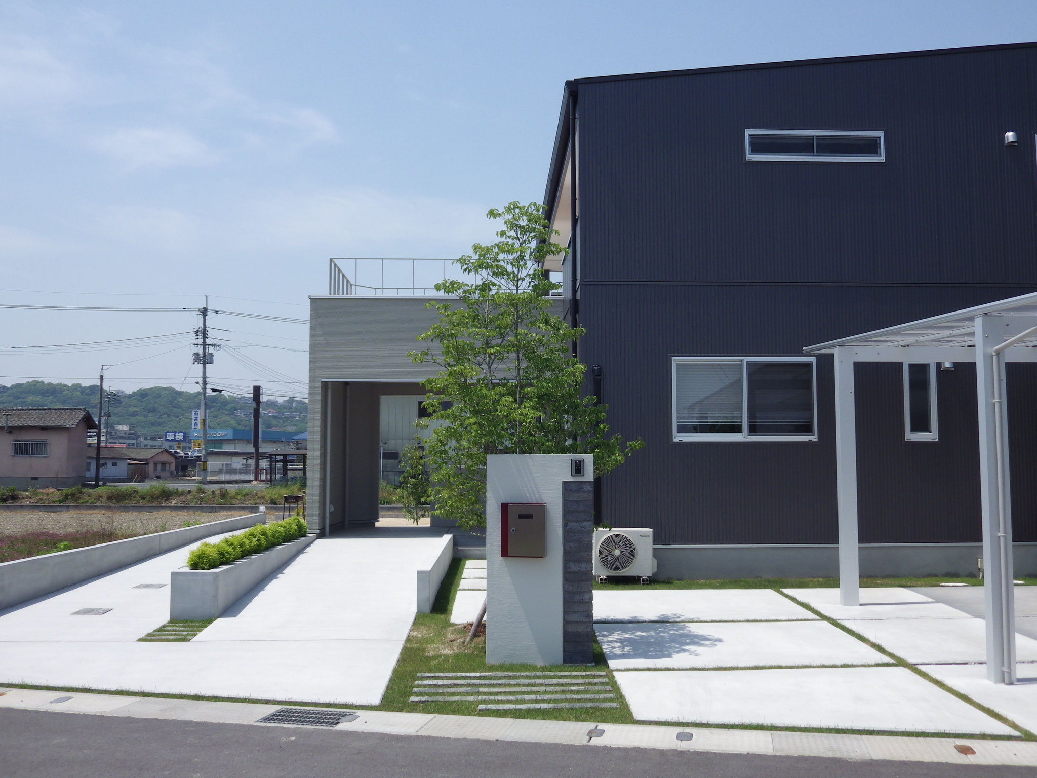 外構　エクステリア　カーポート　ブロック　石張り　倉敷市