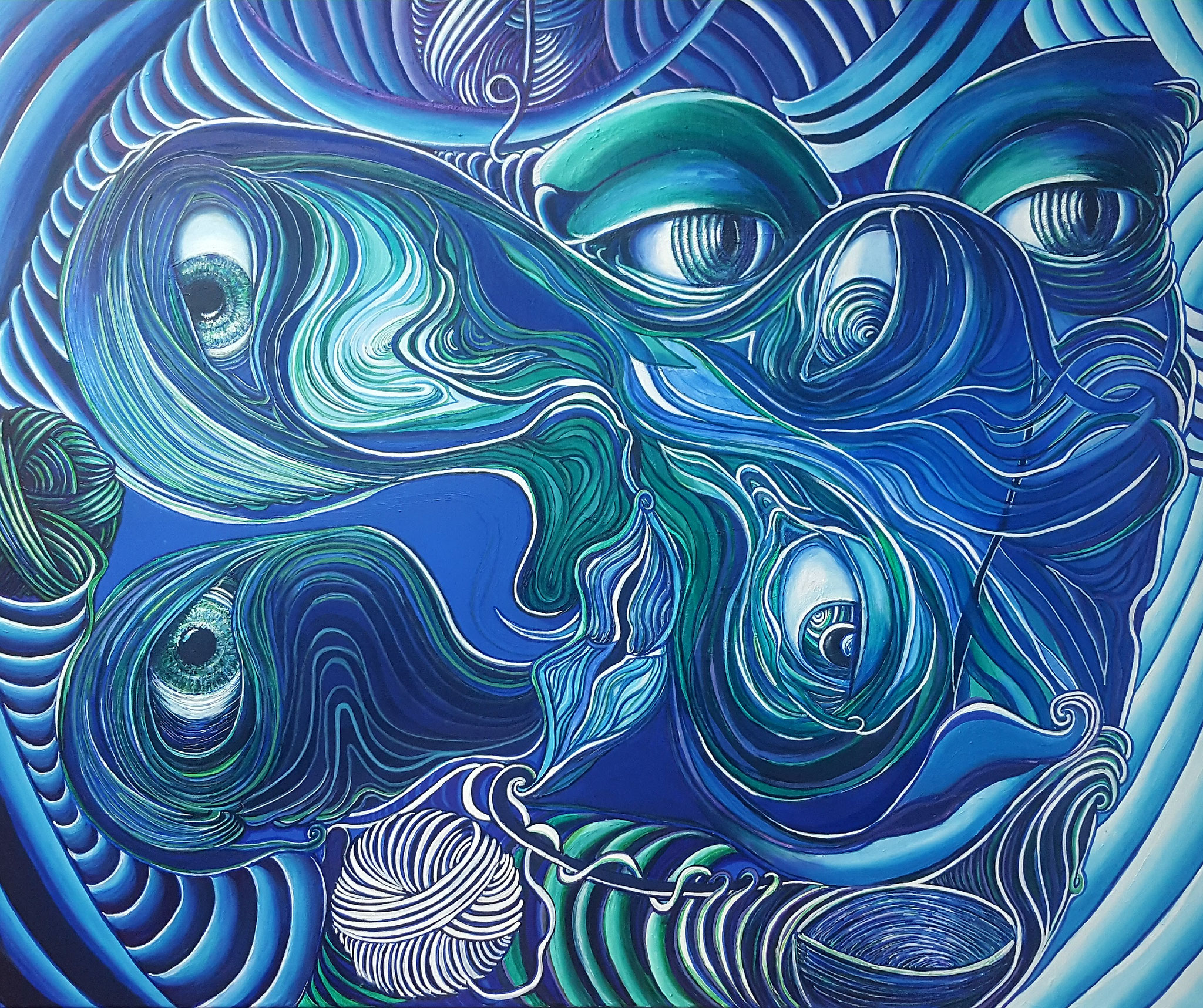 Zeitgenössische Malerei von Alexandra Mohr: Großformatiges Acrylbild in blautönen gehalten mit drei Augenpaare, die in verschiedene Richtungen blicken, zusammengesetzt mit Schlingen und Schlaufen. Ausgestellt im Hong Art Museum & Kaifeng Art Museum China