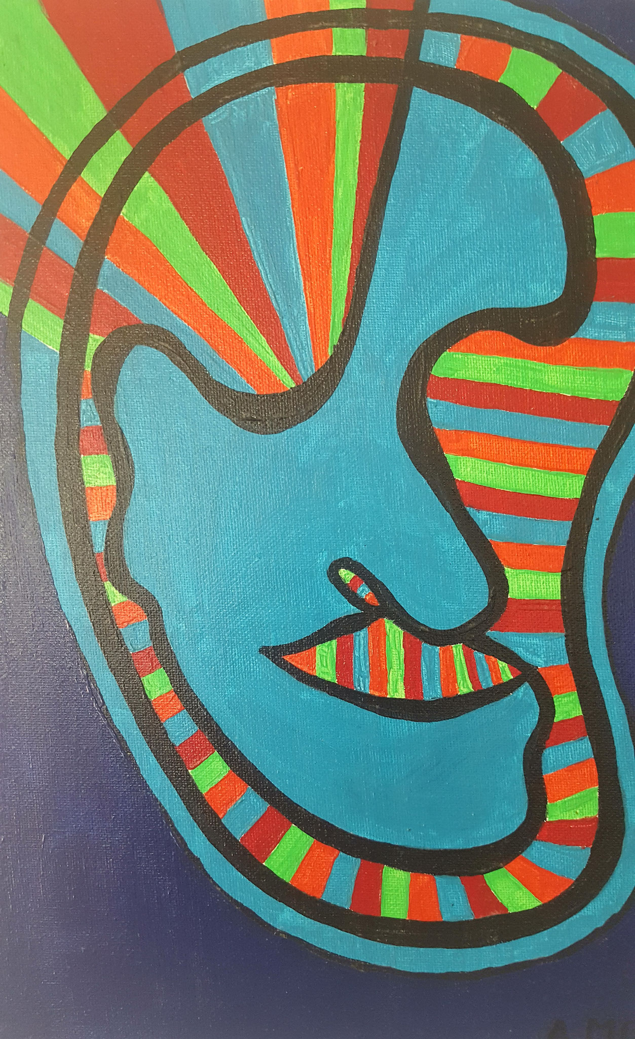 Zeitgenössische Malerei von Alexandra Mohr: Stilisierter abstrakter Kopf der mit Acryl gemalt wurde. Es sieht aus wie ein blauer Scherenschnitt und dahinter in Regenbogenform oder Fächer das Licht zu sehen ist.