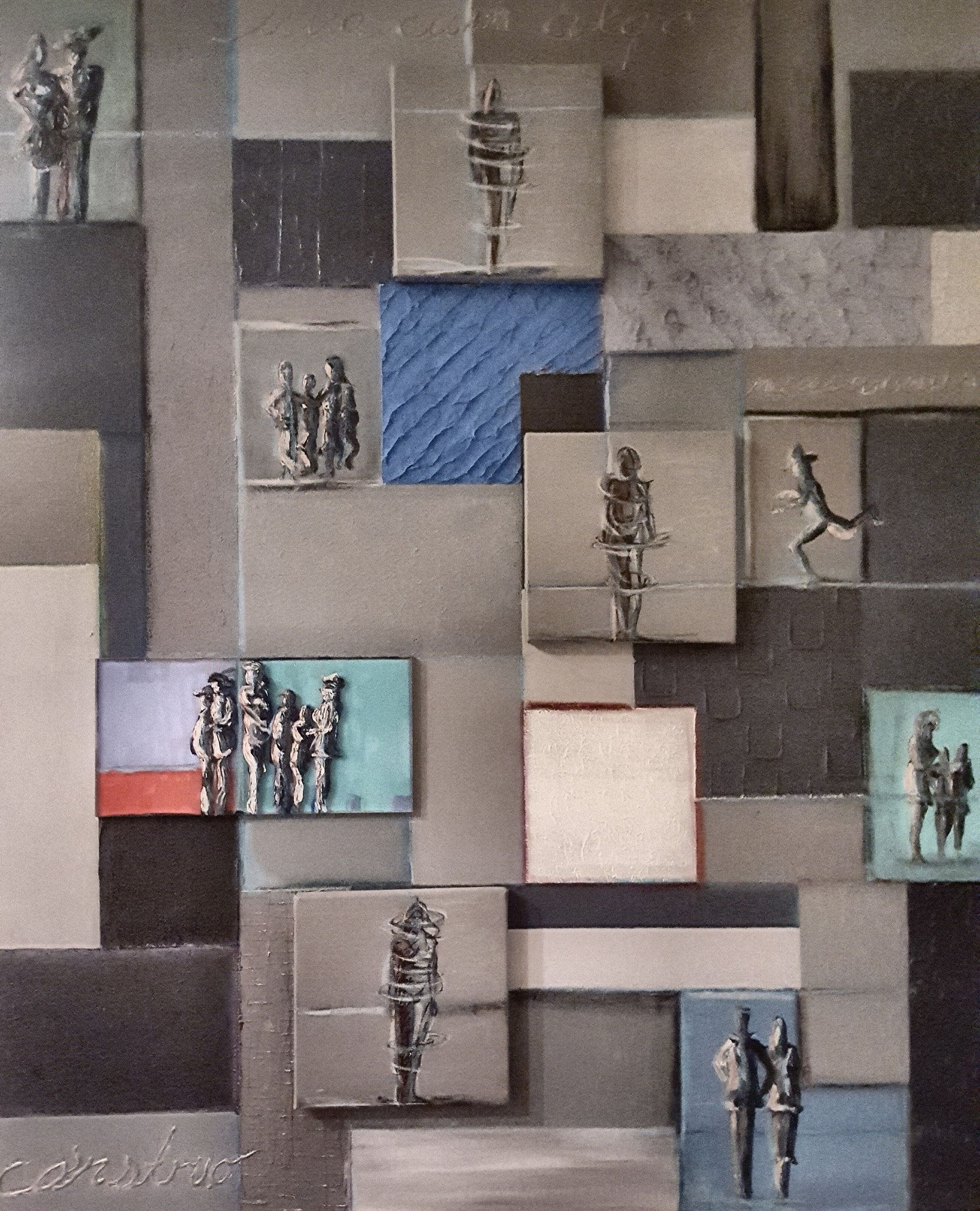 Zeitgenössische Malerei von Alexandra Mohr: Großformatige abstrakte figürliche Malerei, mit kleineren Leinwänden, Acrylglas und Strukturpasten. Quadrate, Rechtecke in verschiedenen Größen und Strukturen von Schwarz/grau/weiß, blau als Akzentfarbe.