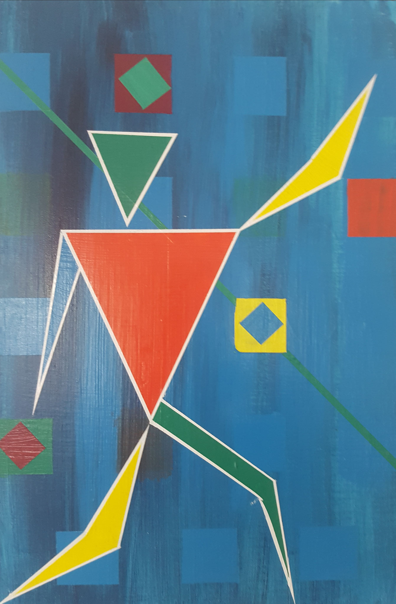Zeitgenössische Malerei von Alexandra Mohr: Acryl auf Holzkasten, bunte, verschieden große Dreiecke, die zusammengesetzt eine Figur/Mensch ergeben. Hintergrund blau mit geometrischen Objekten versehen.