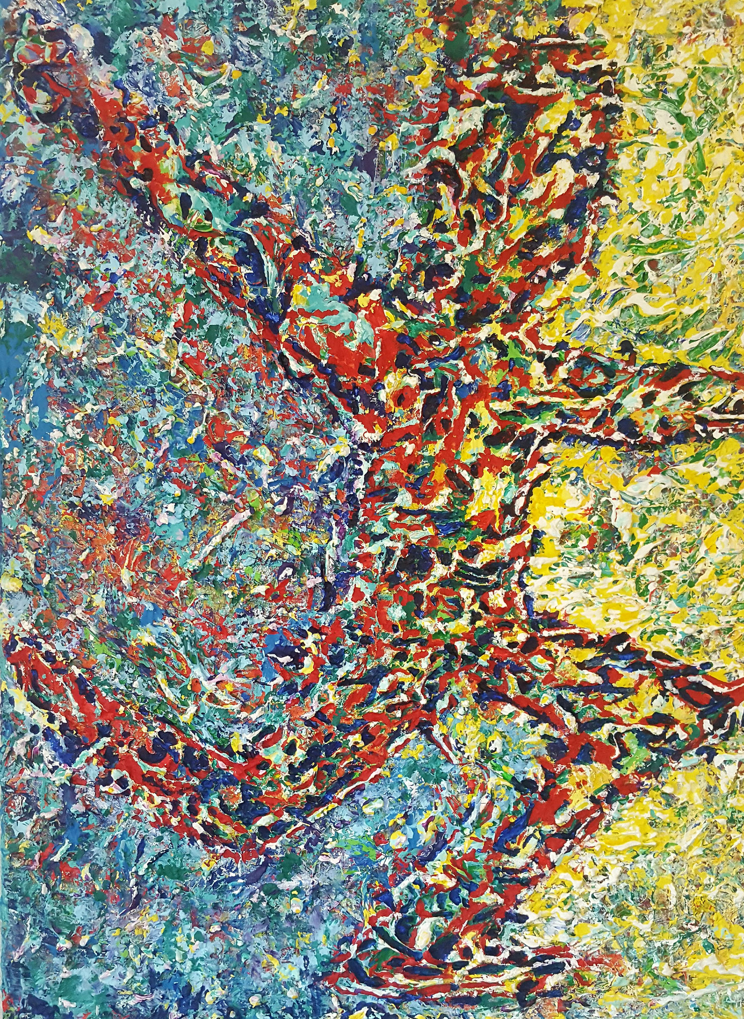 Zeitgenössische Malerei von Alexandra Mohr: Pastos mit viel Struktur und Farbe auf Leinwand gearbeitet. Das bunte, schwere Bild zeigt eine Menschengestalt, die nach rechts aus dem Bild rennen will. Rechts ist das Bild heller gehalten in Gelb.