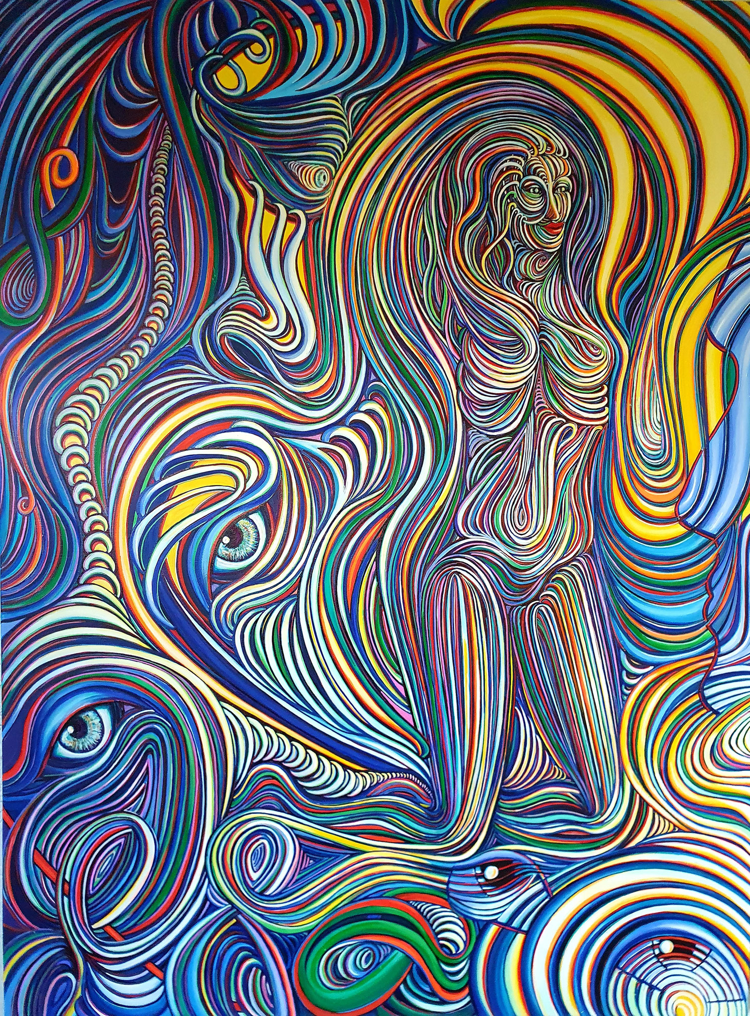 Zeitgenössische Malerei von Alexandra Mohr, großformatiges Acrylbild, ein Augenpaar, das links aus dem Bild kommt und zu einer knieenden, nackten Frau wird ohne Arme, detailliert, feine Striche, Schlaufen und Schlingen