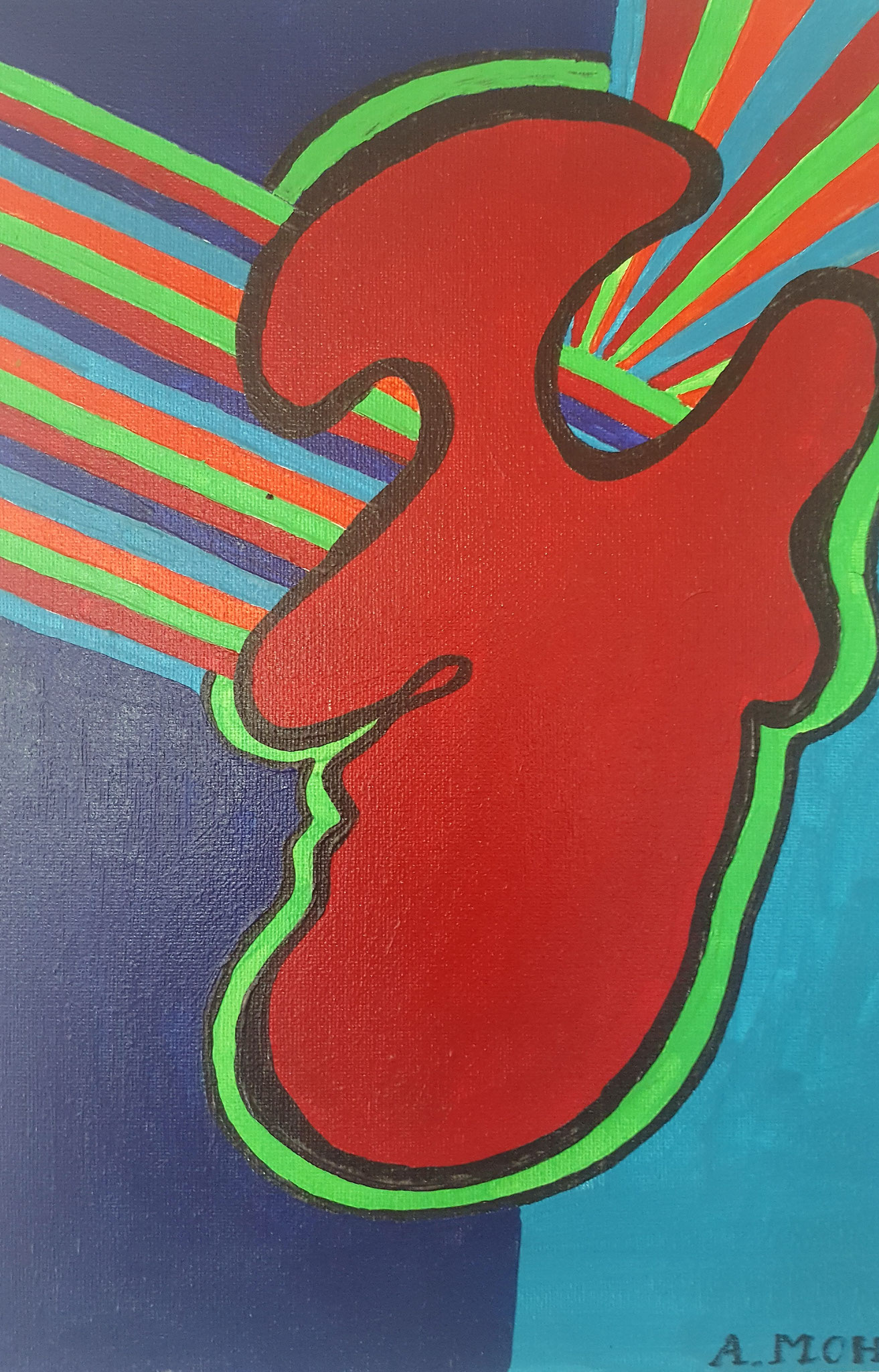 Zeitgenössische Malerei von Alexandra Mohr: Acryl auf Leinwand, angedeuteter Kopf/Maske ohne Augen, verschlossenen Mund in signalrot. Lichtstrahlen in Regenbogen Farben kommen von rechts zum leeren Auge und treten aus dem rechten Auge nach oben wieder aus