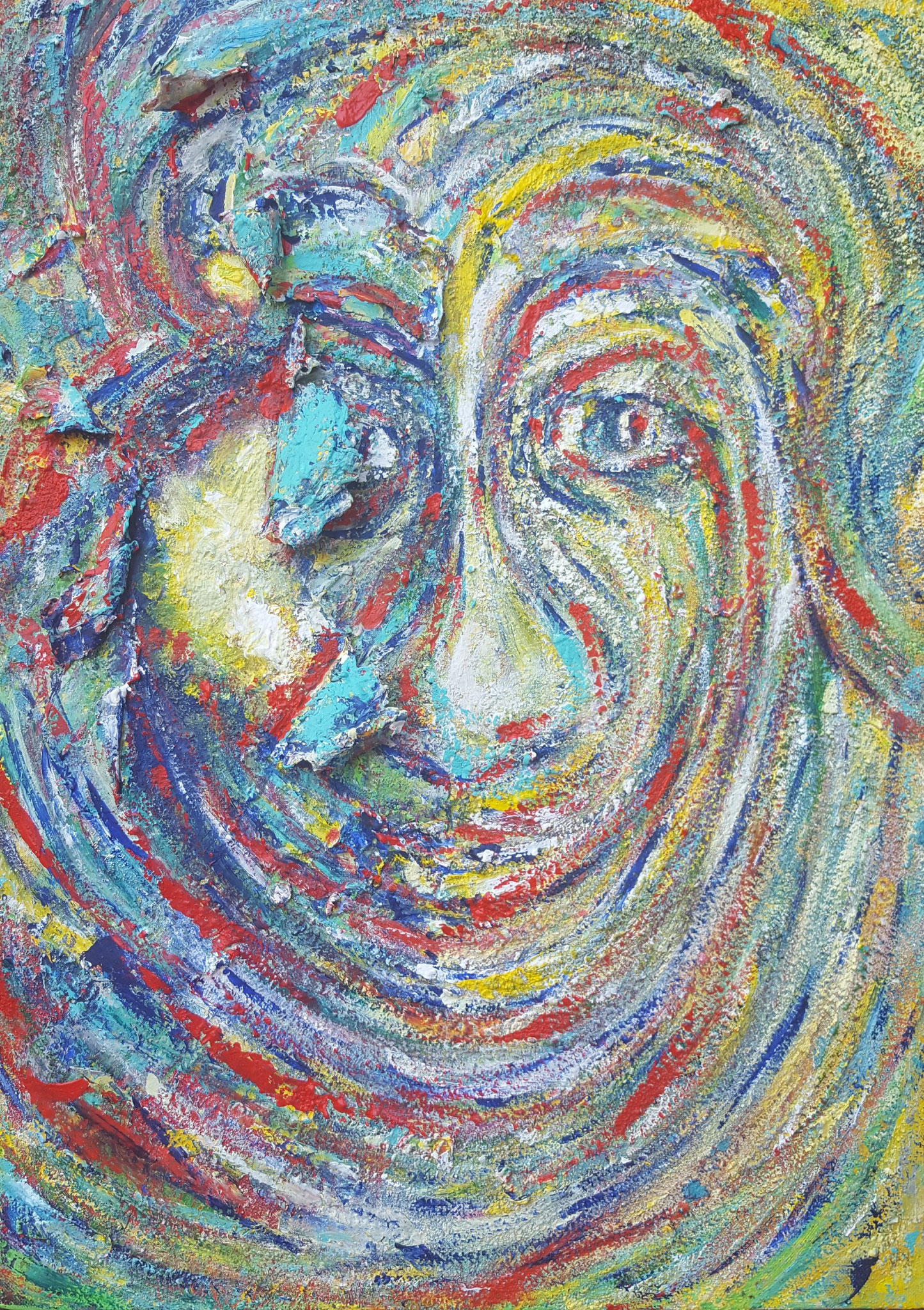 Zeitgenössische Malerei von Alexandra Mohr: Mixed Media, gespachtelt, ein Gesicht, dass am linken Auge aufgeplatzt ist und die Farbe gelb zu sehen ist. Die Maske, das Gesicht bricht auf und zeigt das Neue.