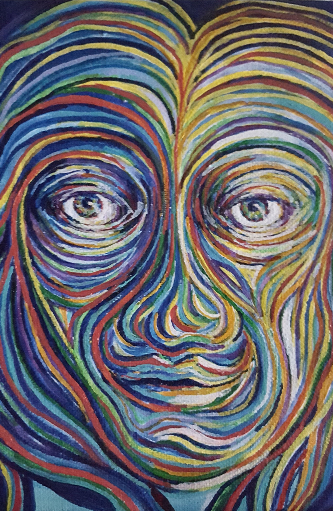 Zeitgenössische Malerei von Alexandra Mohr, Acryl auf Leinwand in bunten Schlingentechnik ein Selbstbildnis
