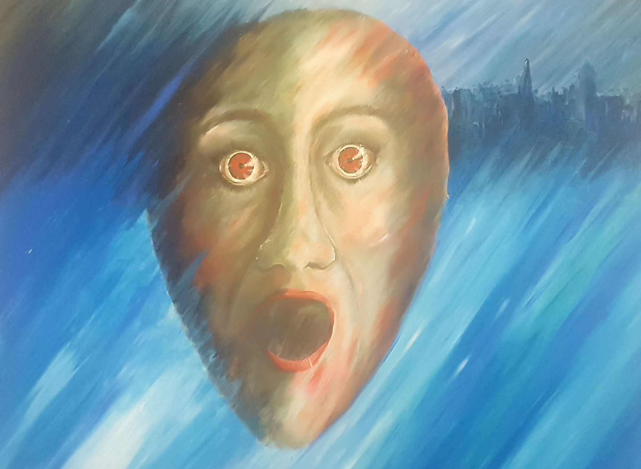 Zeitgenössische Malerei von Alexandra Mohr: Acrylarbeit auf Leinwand, zusehen ein schwebender Kopf der Augen und Mund zum Schrei geöffnet hat, im Hintergrund diagonal verlauf ein blauer Hintergrund, der rechtsoben in eine angedeutete Stadt verläuft