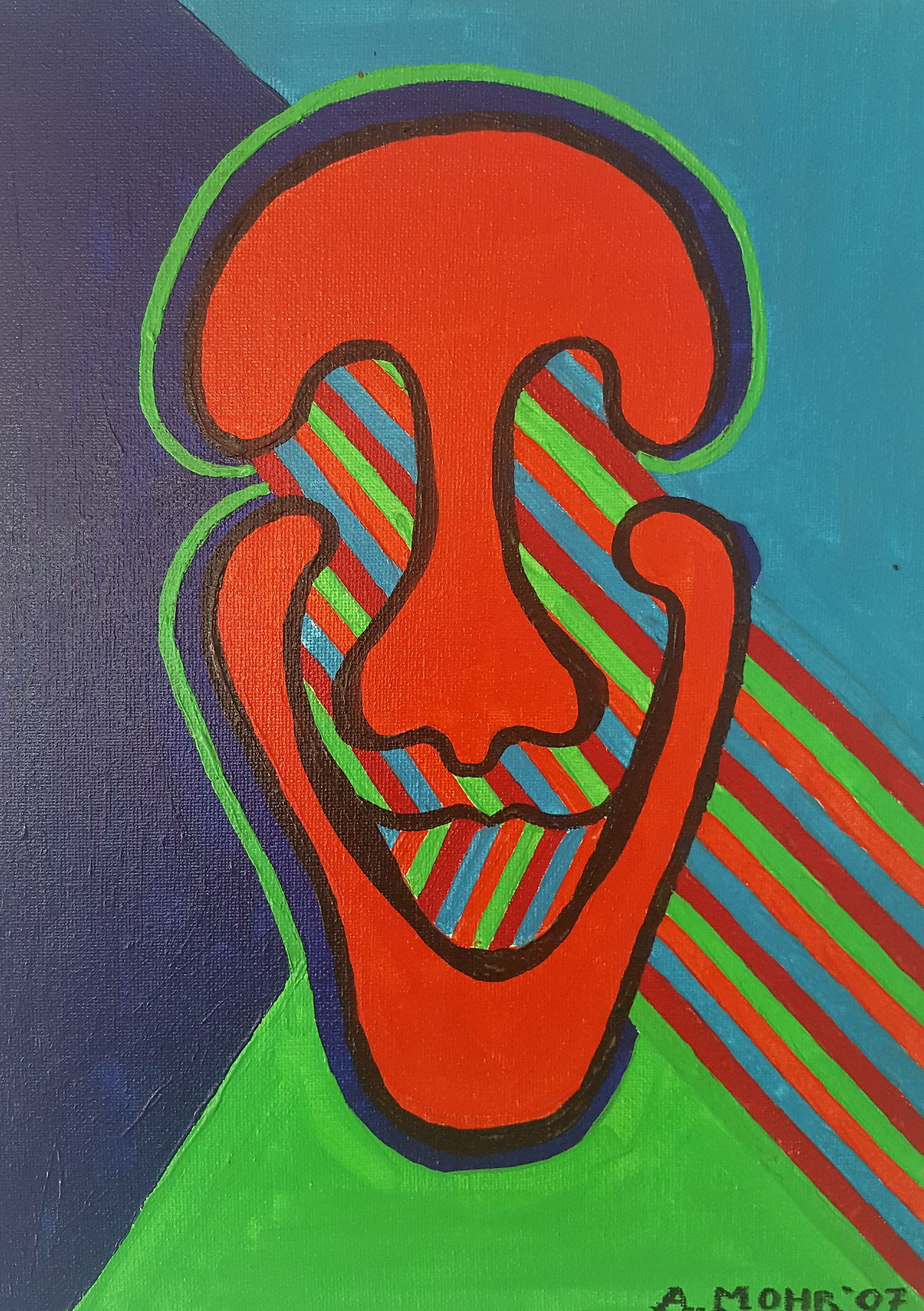 Zeitgenössische Malerei von Alexandra Mohr: Acryl auf Leinwand, zu sehen eine rote Maske ohne Augen und Mund, dahinter bricht sich ein Lichtstrahl in Regenbogenfarben und der Hintergrund ist in Dreiecken aufgeteilt, blau, hellgrün, türkis