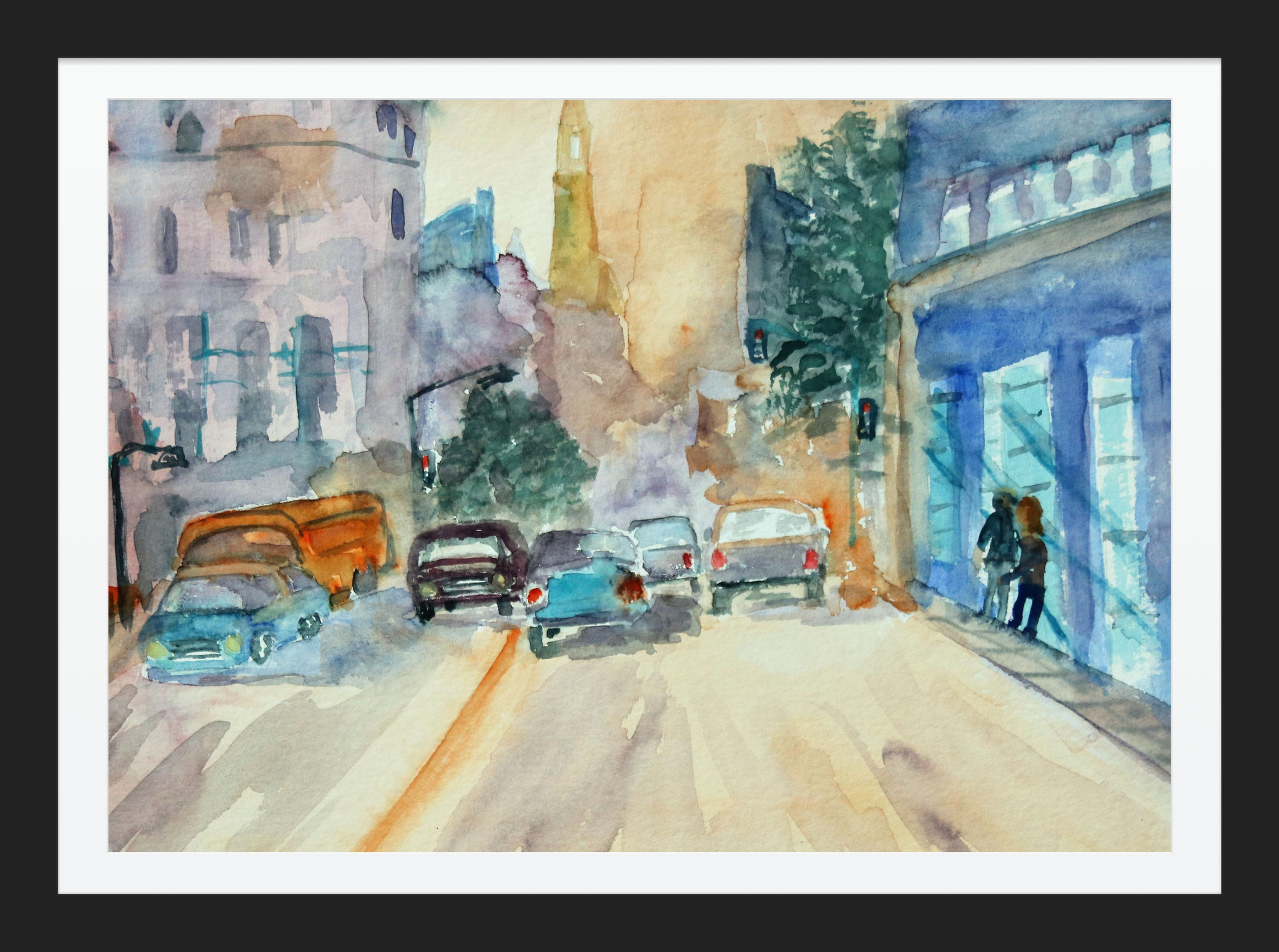 Havanna, Streetscene I,  Aquarell (2019) after a photo in a book from Alvaro Castagnet,