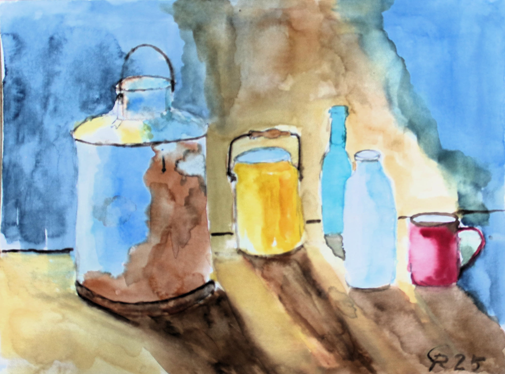 Stilleben mit Kannen und Flaschen, Aquarell (2025)