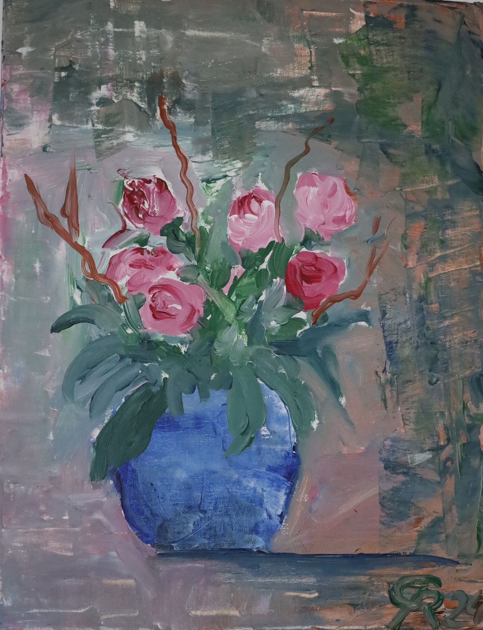 Blumen in blauer Vase, Acryl Spachteltechnik, (2024) Geschenk für meine Frau