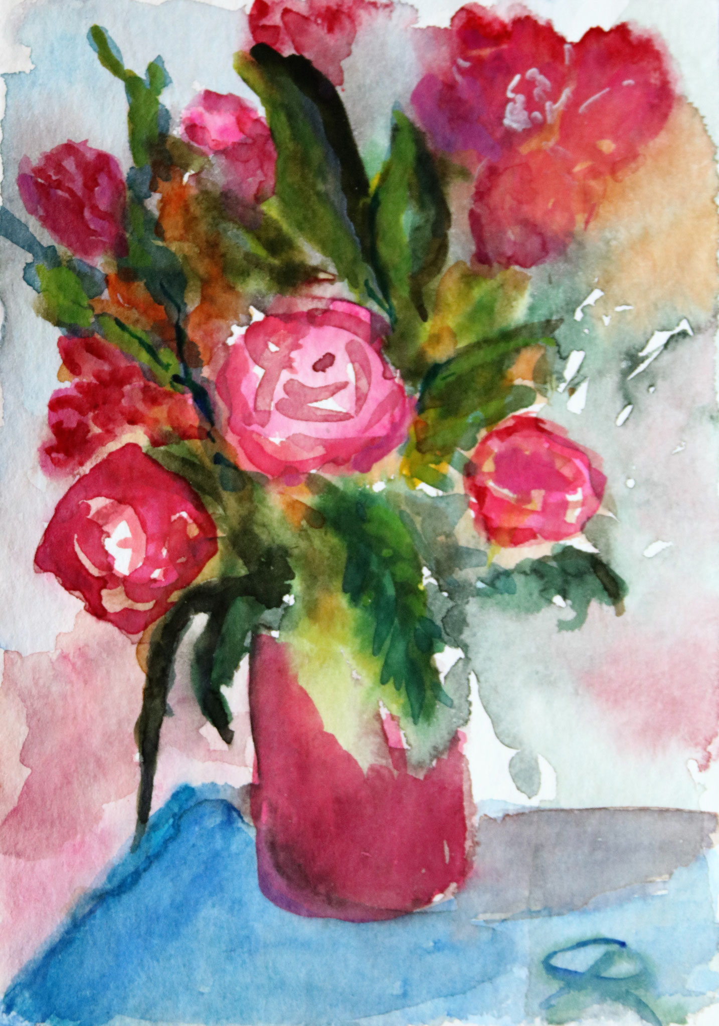 Rosen in roter Vase, Aquarell (2016)