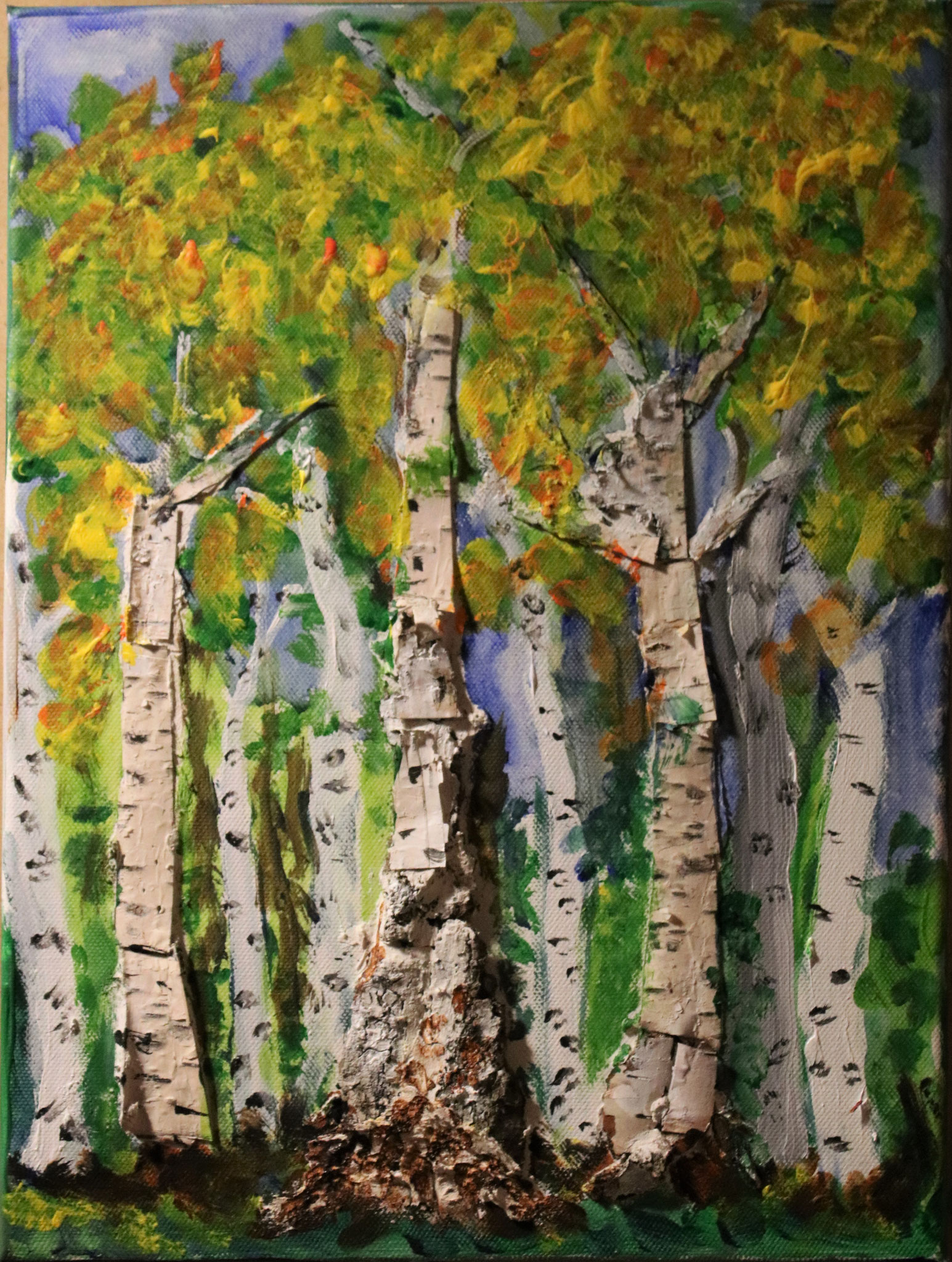 Birkenwald im Herbst, Acryl mit Rindenstücken (2022), (verkauft St. K./SPD Fraktion)