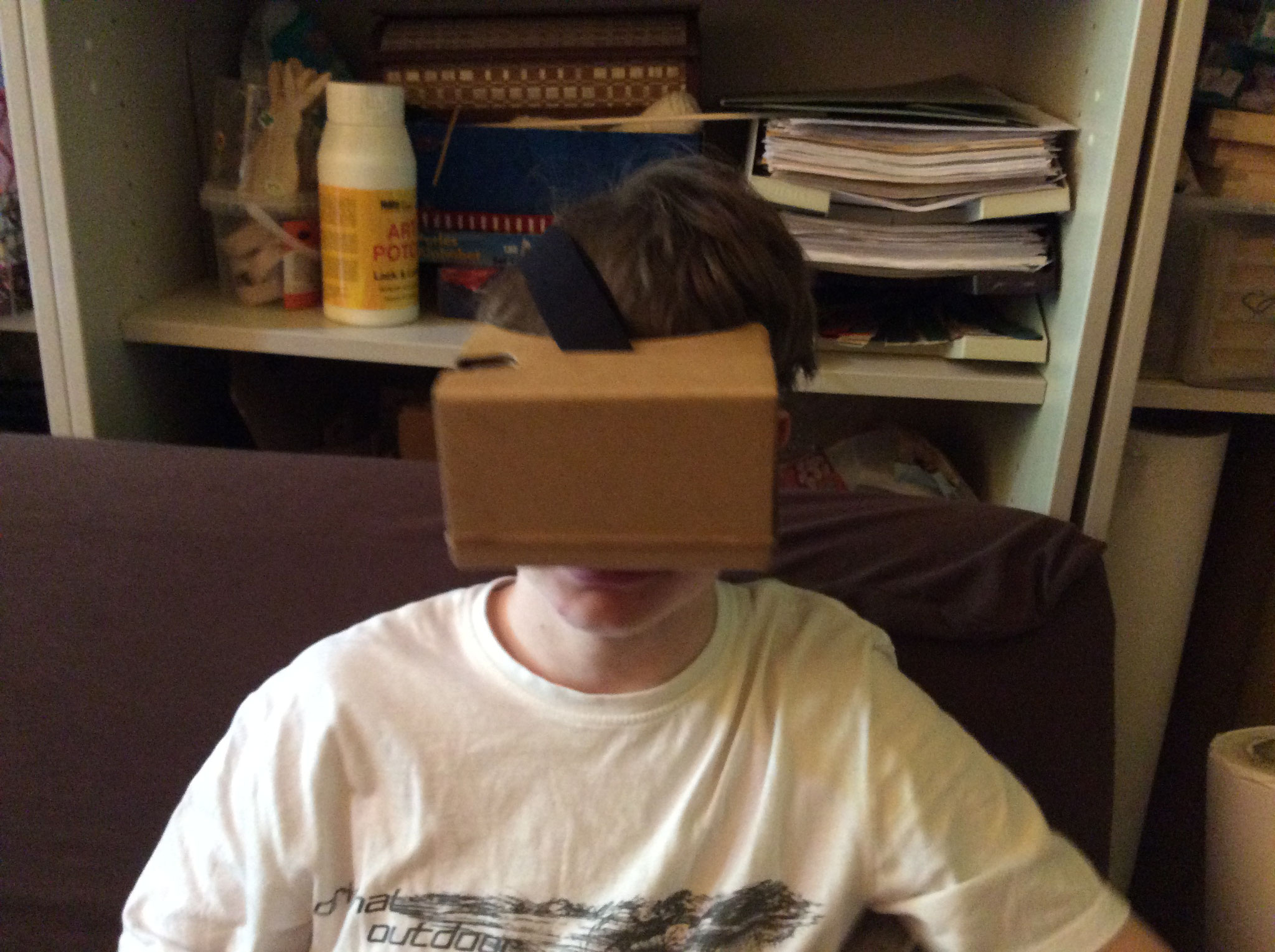 Hier sehen wir wie ein Kind die Selbstgemachte VR Brille ausprobiert