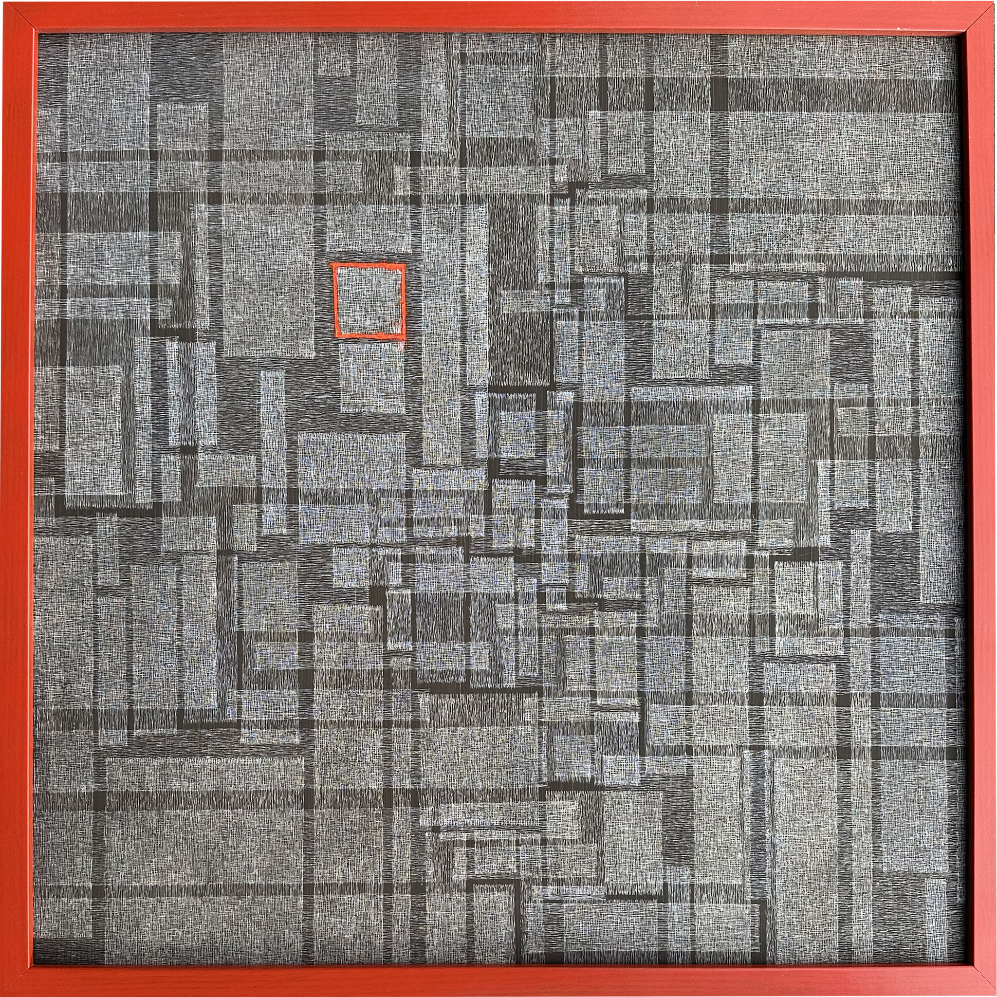Red lines_2023_50x50 cm_Grattage & mixed technique