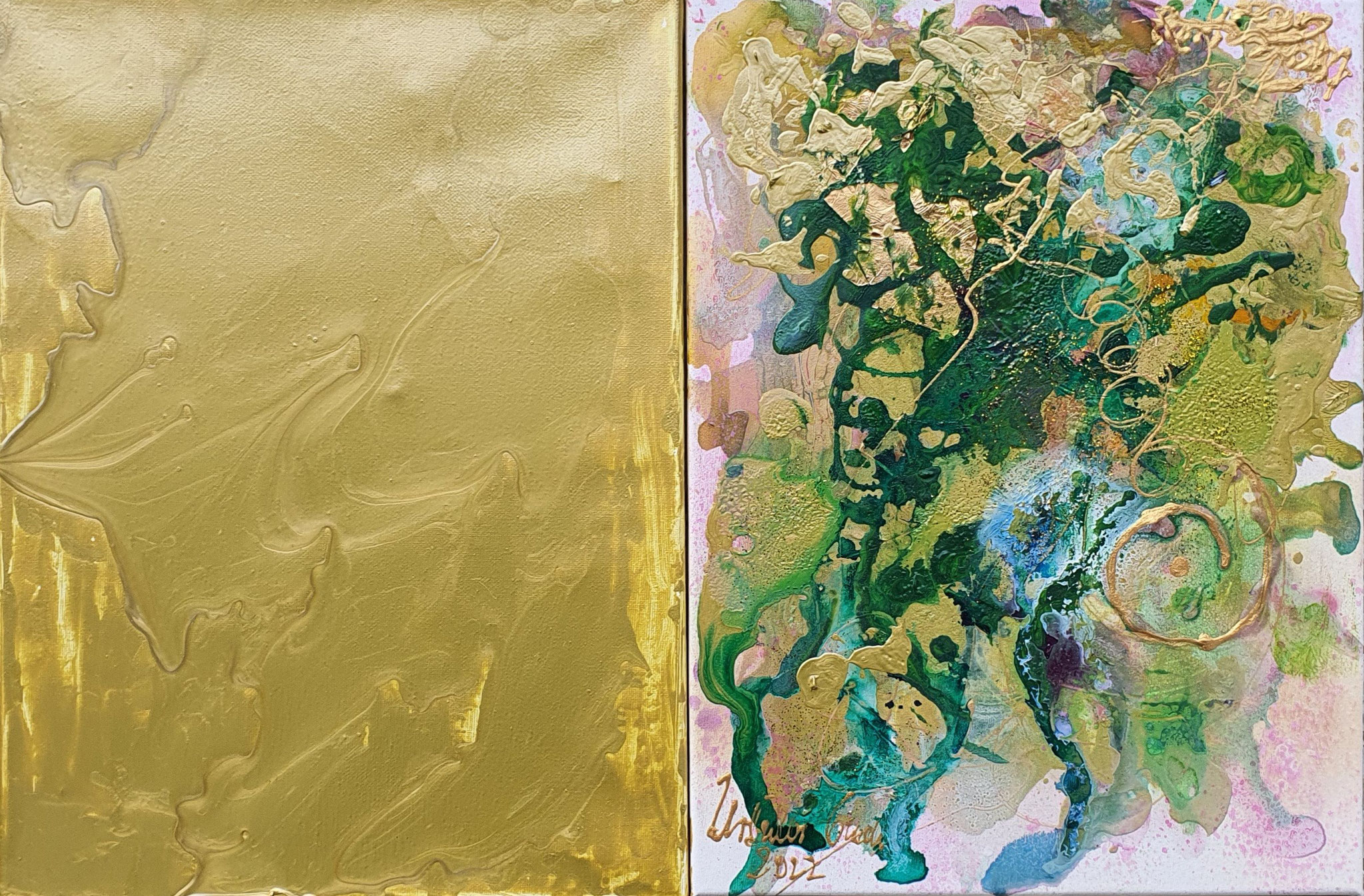 Golden moments  with you (diptych) (Technic: Acryl, Gold in leave 24 Karat, Mixed Media on Canvas 60 X 40 X 1,5 cm)
