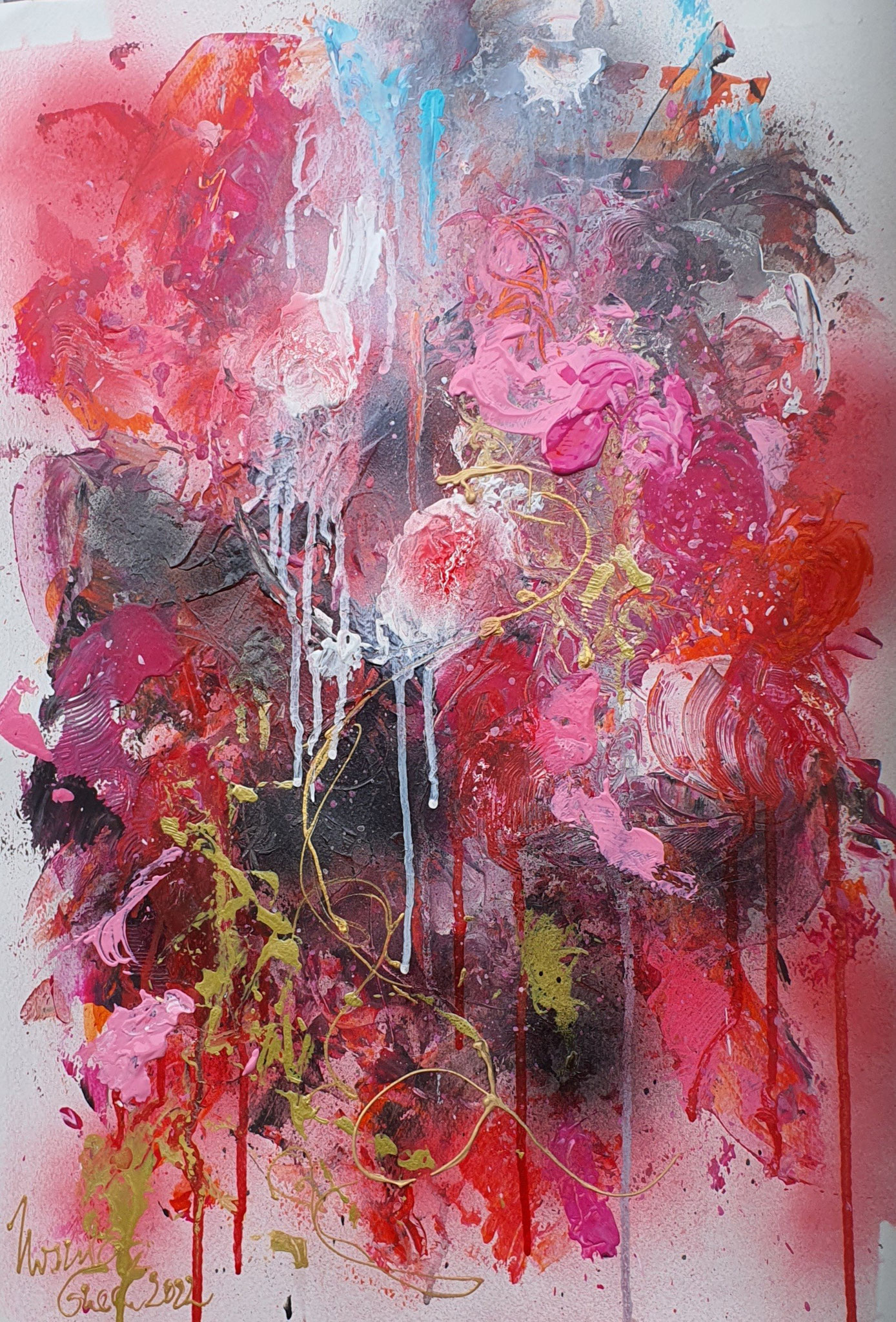 "It's raining red roses for us" (Technic: Acryl/Gesso Mixed Media on Paper 38 X 55,5 X 0,2 cm)