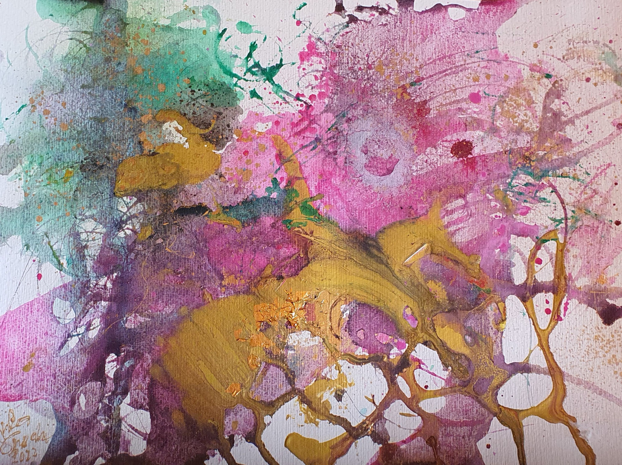 women in love, abstract painting (Technic: Acryl, Gold leaf etc-(42  X 56X 0,02 cm) on Paper